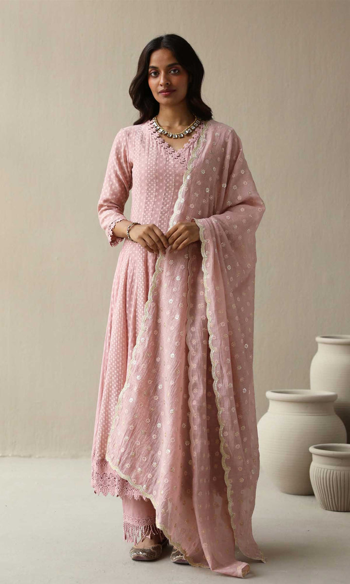 Aleyah Set- Lilac jamdani angrakha with pants and embroidered dupatta (Set of 3)
