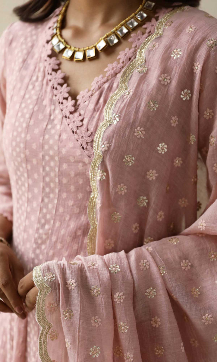 Aleyah Set- Lilac jamdani angrakha with pants and embroidered dupatta (Set of 3)