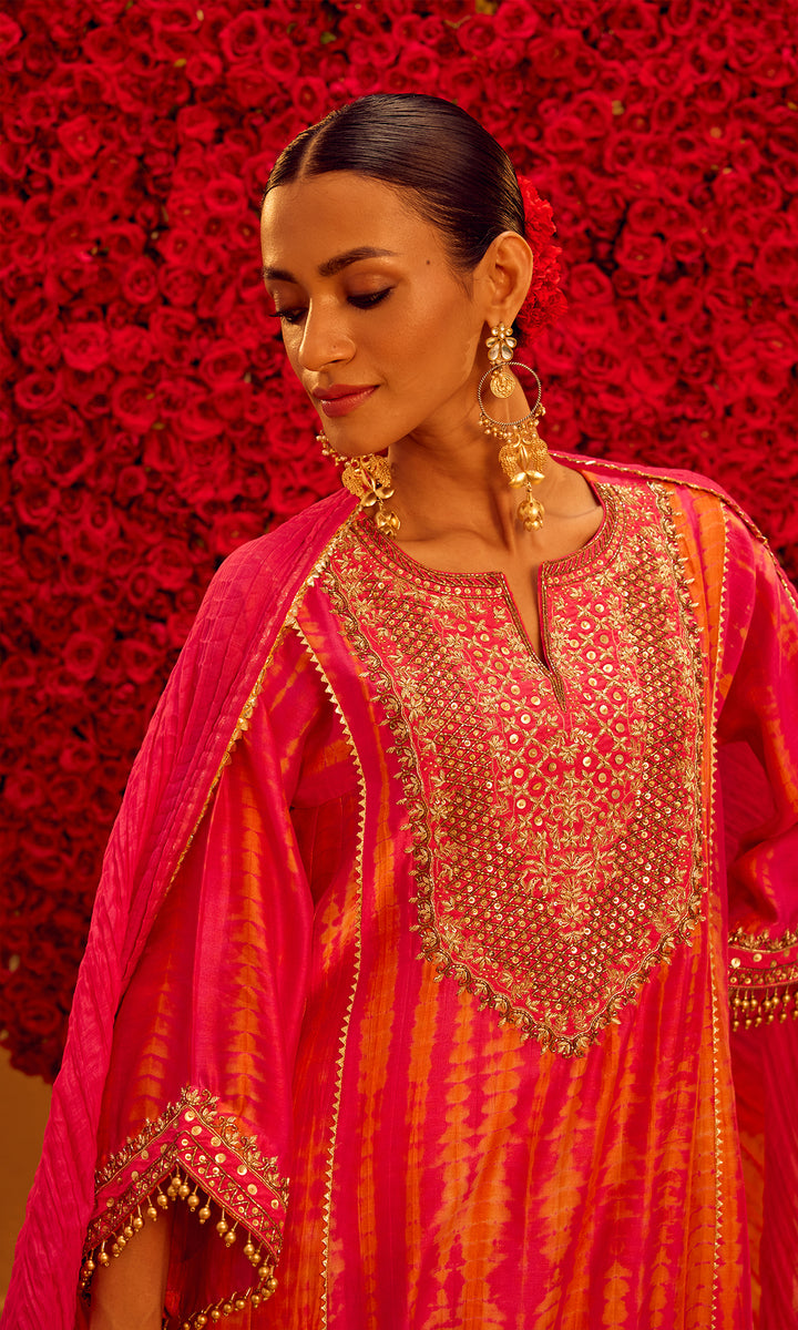 Yusra Set- Pink & Orange Chanderi Shibori Embroidered Kurta with Pants and Dupatta (set of 3)