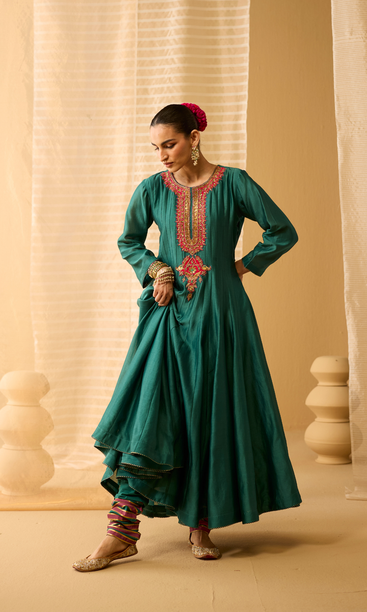 Ayla Set- Chanderi Anarkali with Gota Churidar and Dupatta (set of 3)