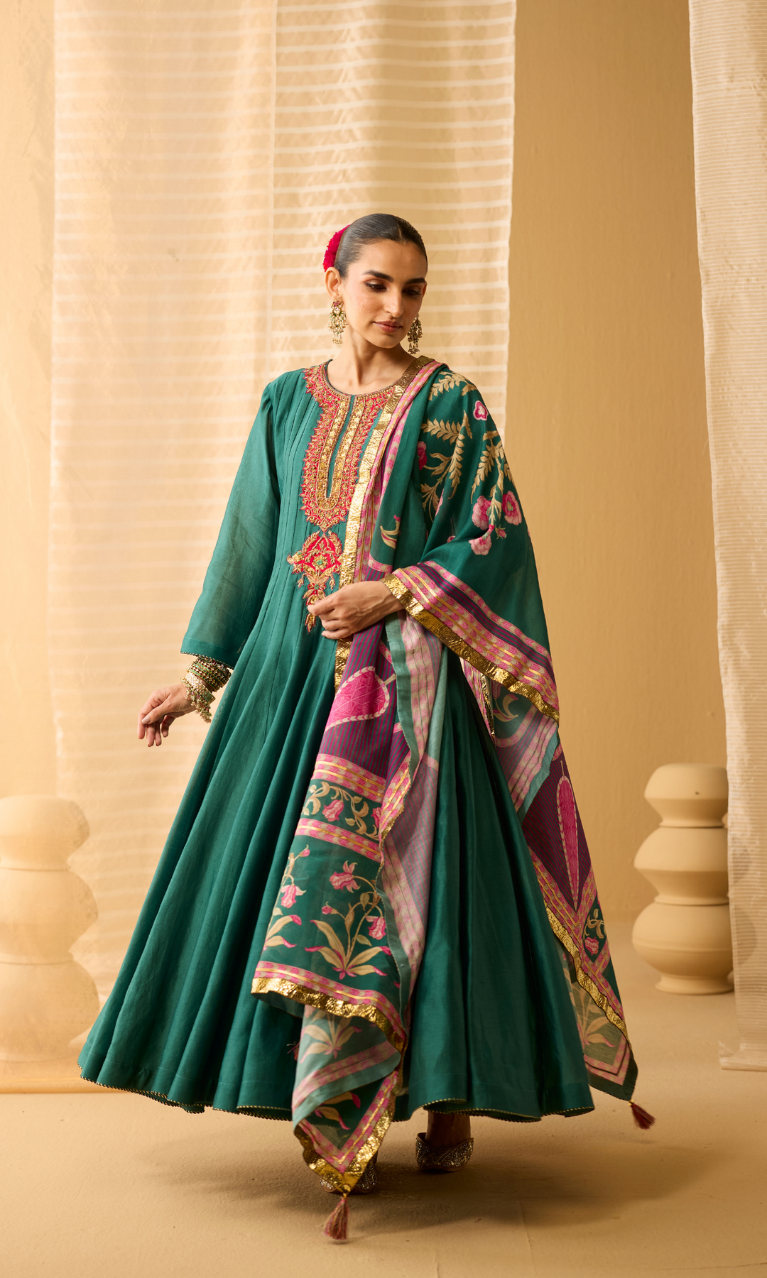 Ayla Set- Chanderi Anarkali with Gota Churidar and Dupatta (set of 3)