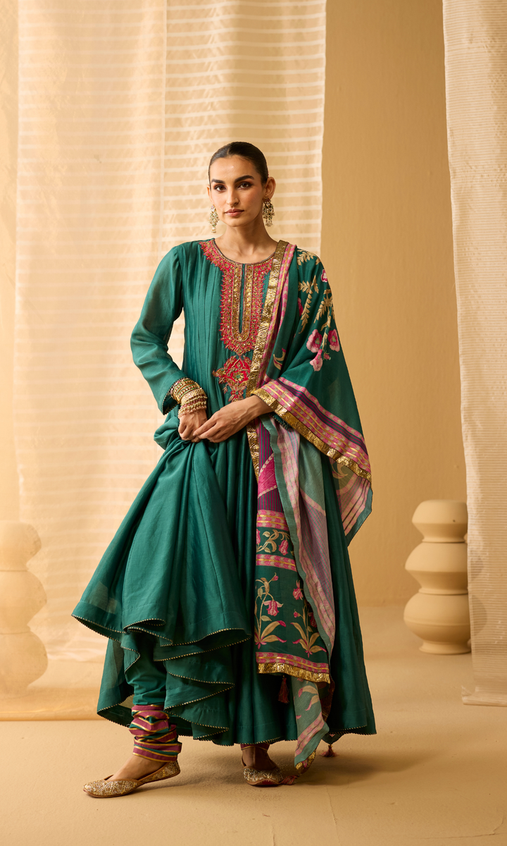 Ayla Set- Chanderi Anarkali with Gota Churidar and Dupatta (set of 3)