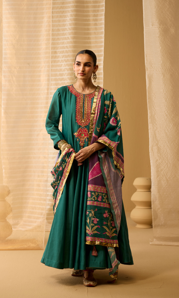 Ayla Set- Chanderi Anarkali with Gota Churidar and Dupatta (set of 3)