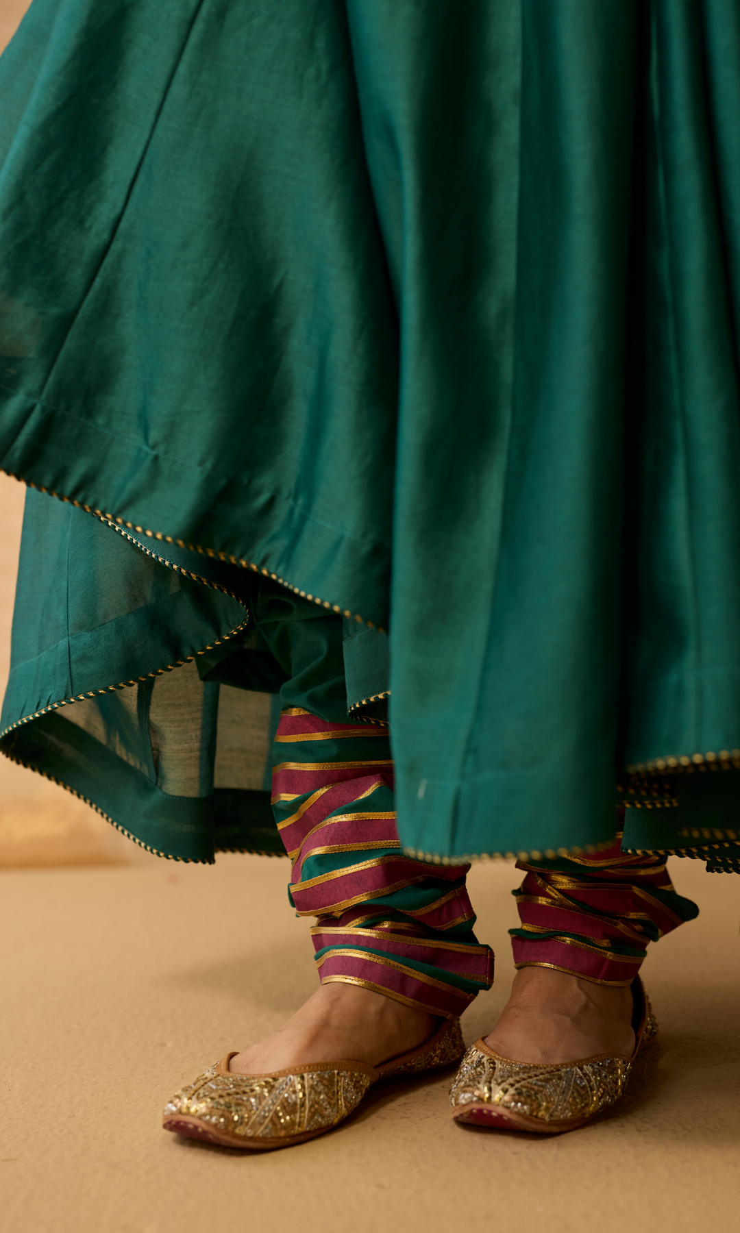 Ayla Set- Chanderi Anarkali with Gota Churidar and Dupatta (set of 3)