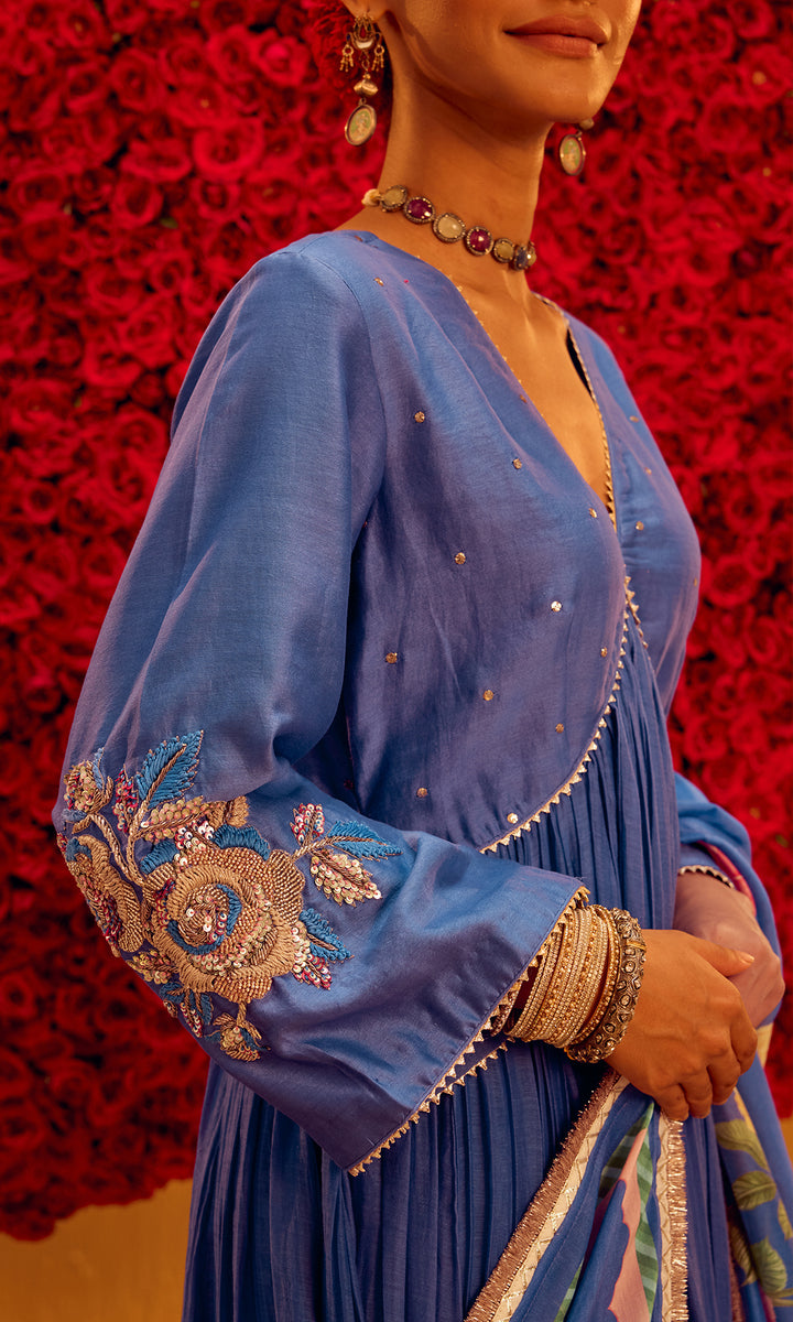 Aisha Set- Periwinkle Blue Chanderi Embroidered Anarkali with Pants and Dupatta (set of 3)