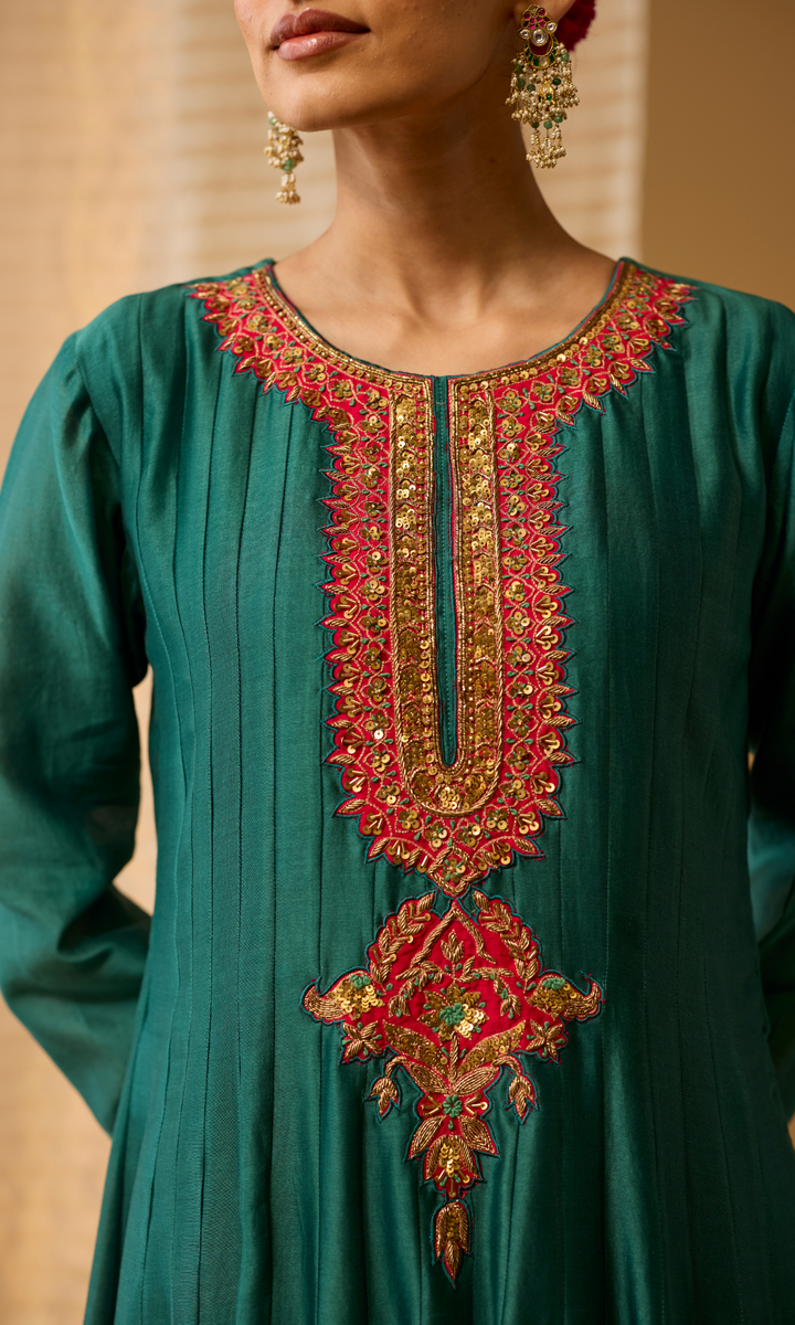 Ayla Set- Chanderi Anarkali with Gota Churidar and Dupatta (set of 3)