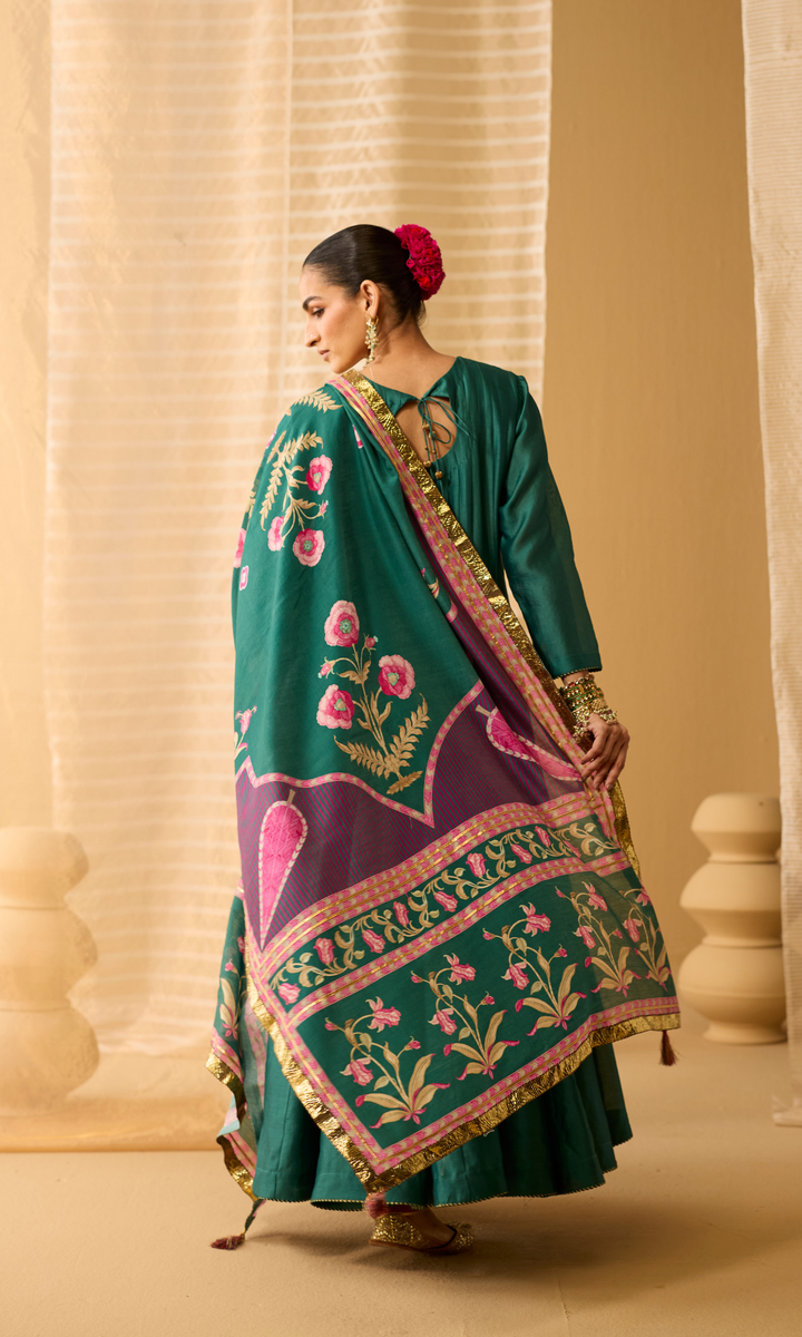 Ayla Set- Chanderi Anarkali with Gota Churidar and Dupatta (set of 3)