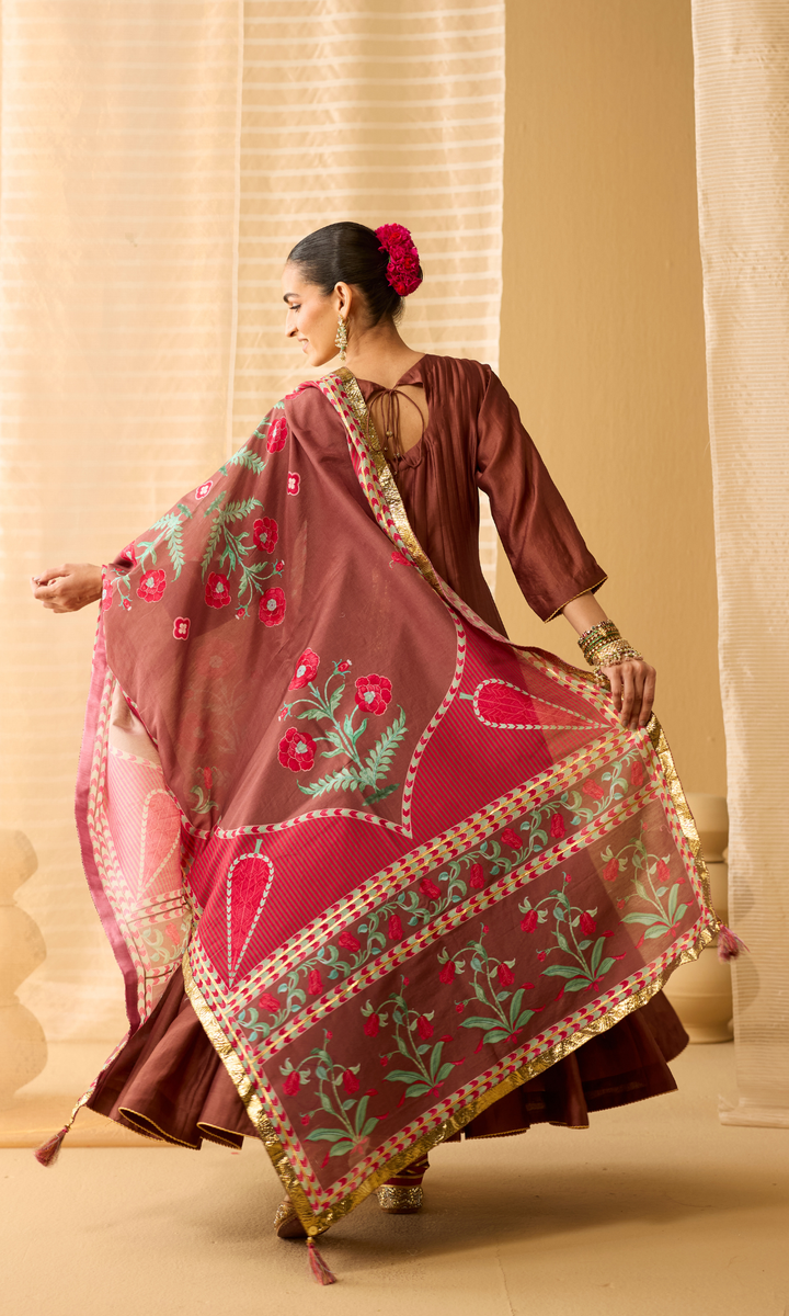 Ayla Set- Chanderi Anarkali with Gota Churidar and Dupatta (set of 3)