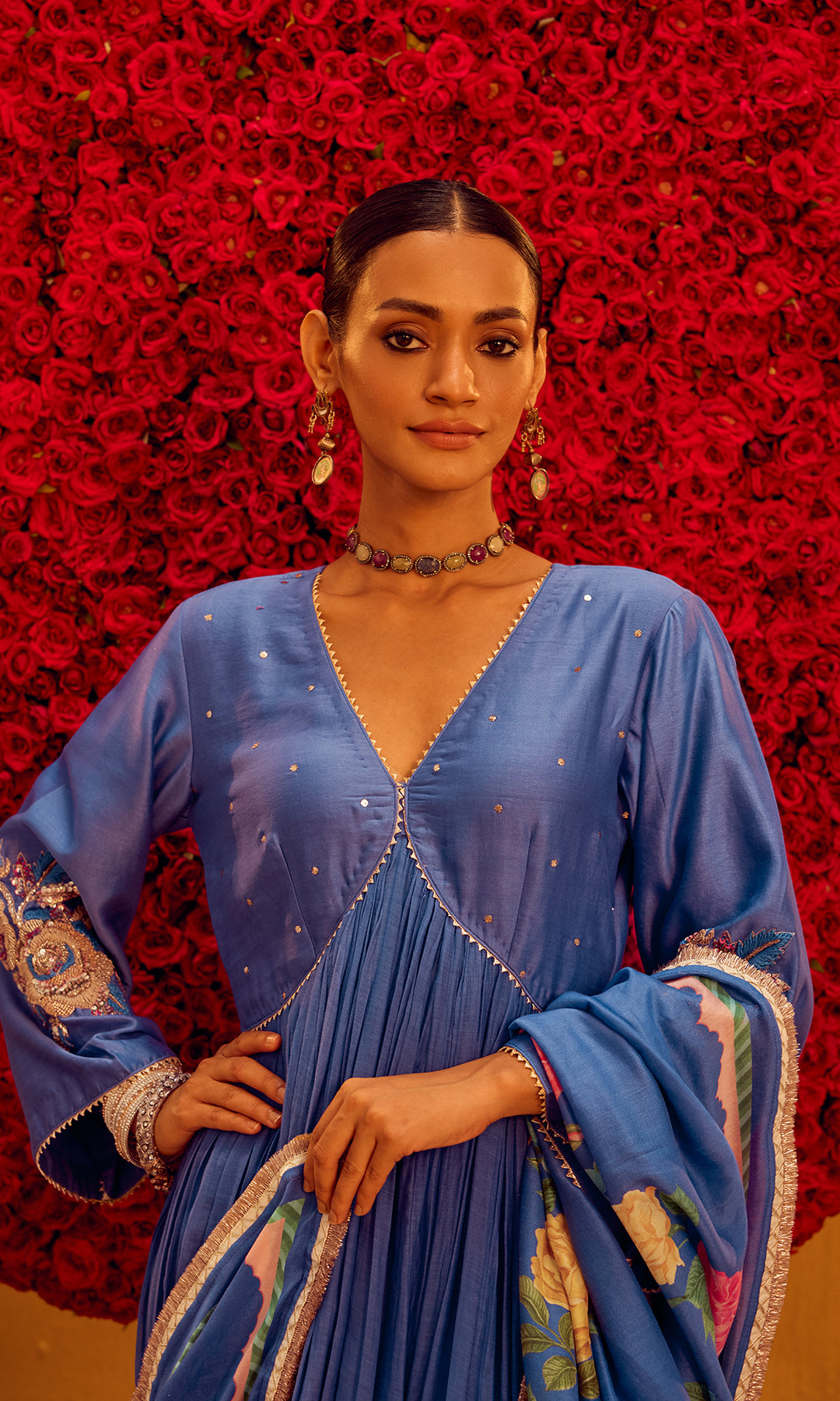 Aisha Set- Periwinkle Blue Chanderi Embroidered Anarkali with Pants and Dupatta (set of 3)