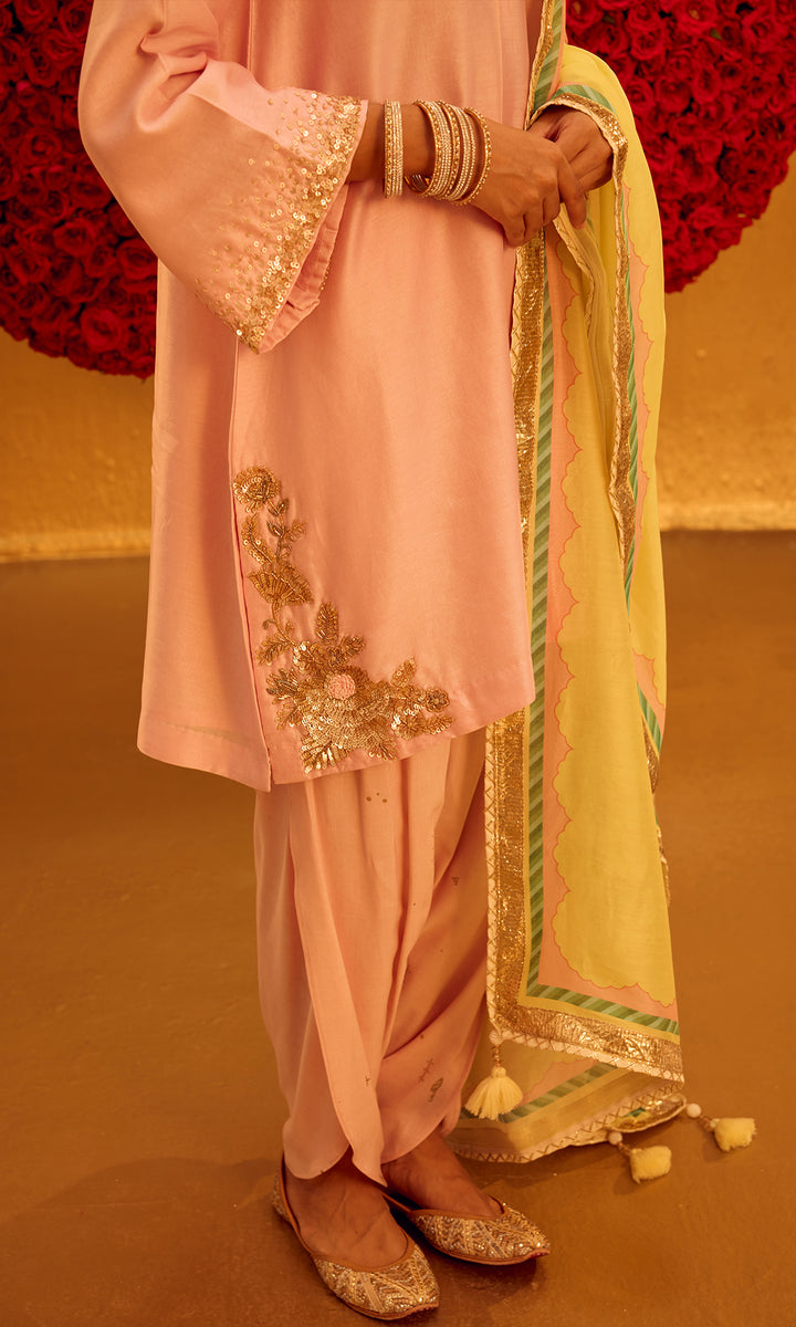Zeenat Set- Hot Pink & Orange Chanderi Embroidered Kurta with Dhoti and Dupatta (set of 3)