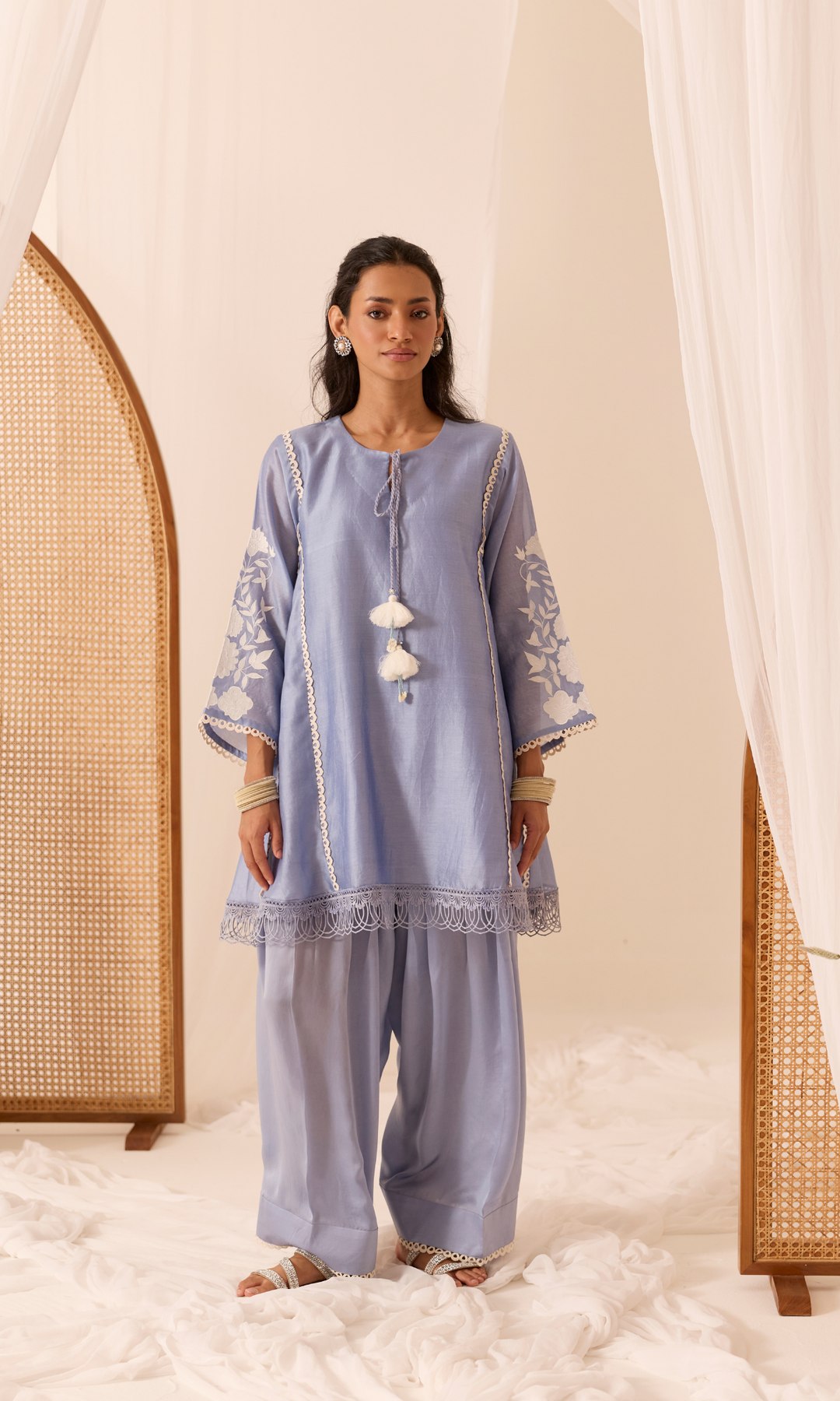 Aleena Set-Patchwork Chanderi Kurta & Farshi (set of 3)