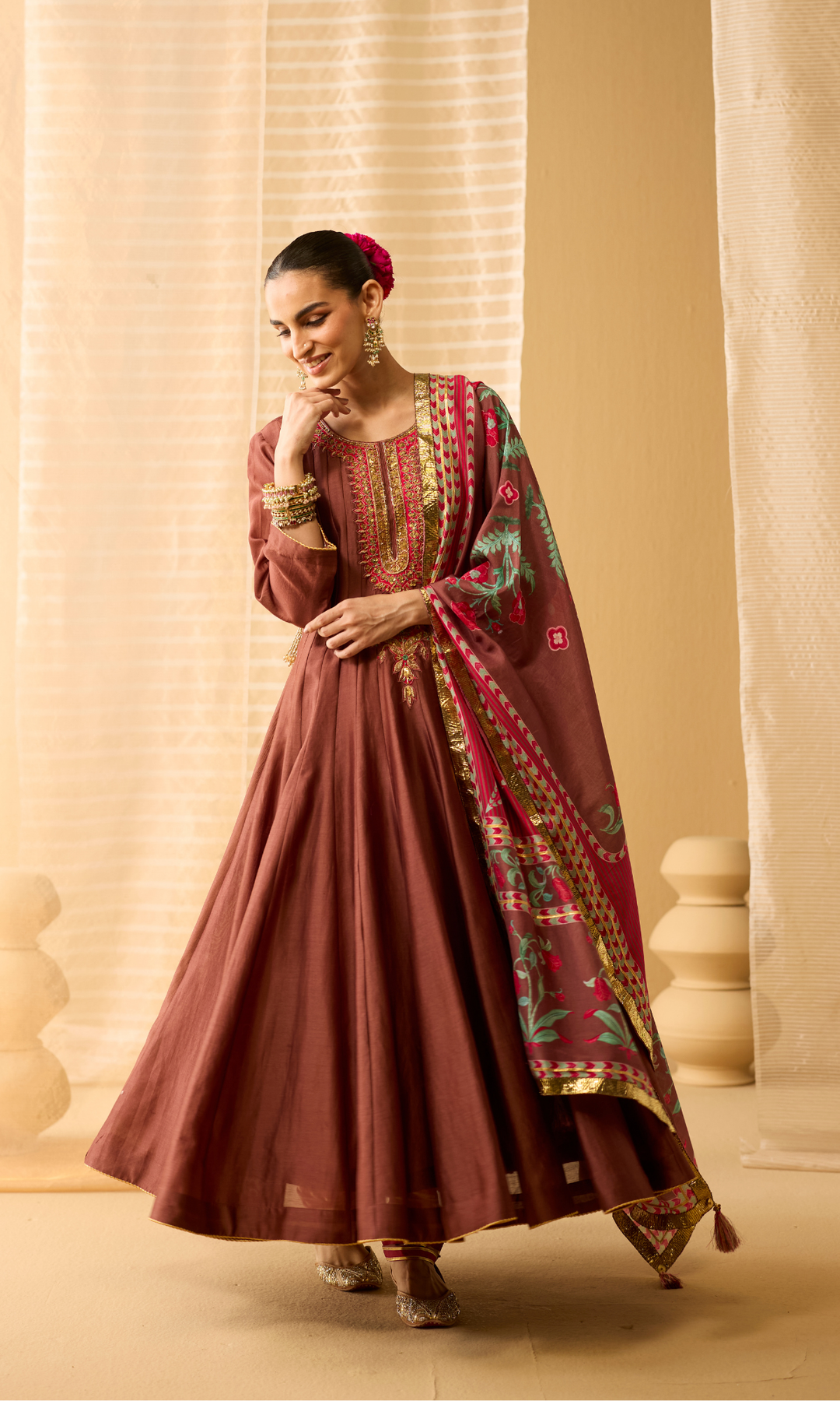 Ayla Set- Chanderi Anarkali with Gota Churidar and Dupatta (set of 3)