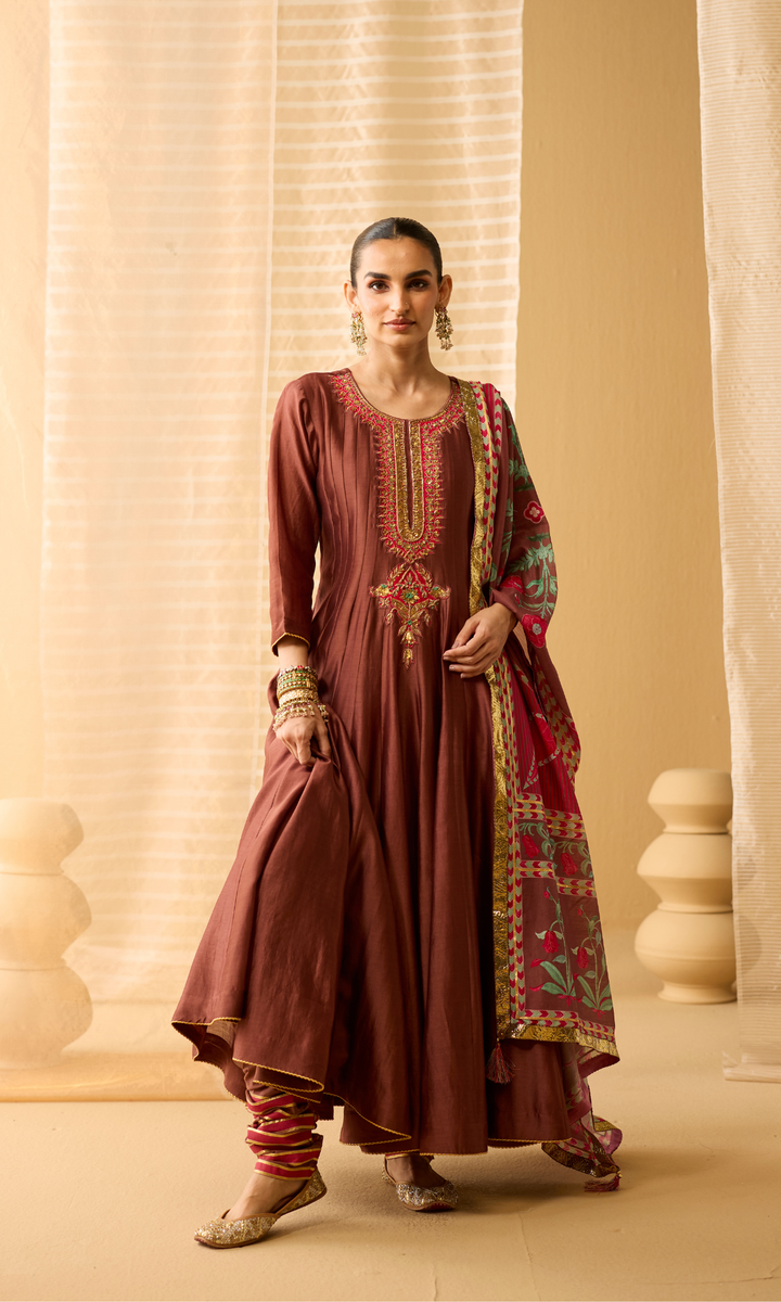Ayla Set- Chanderi Anarkali with Gota Churidar and Dupatta (set of 3)