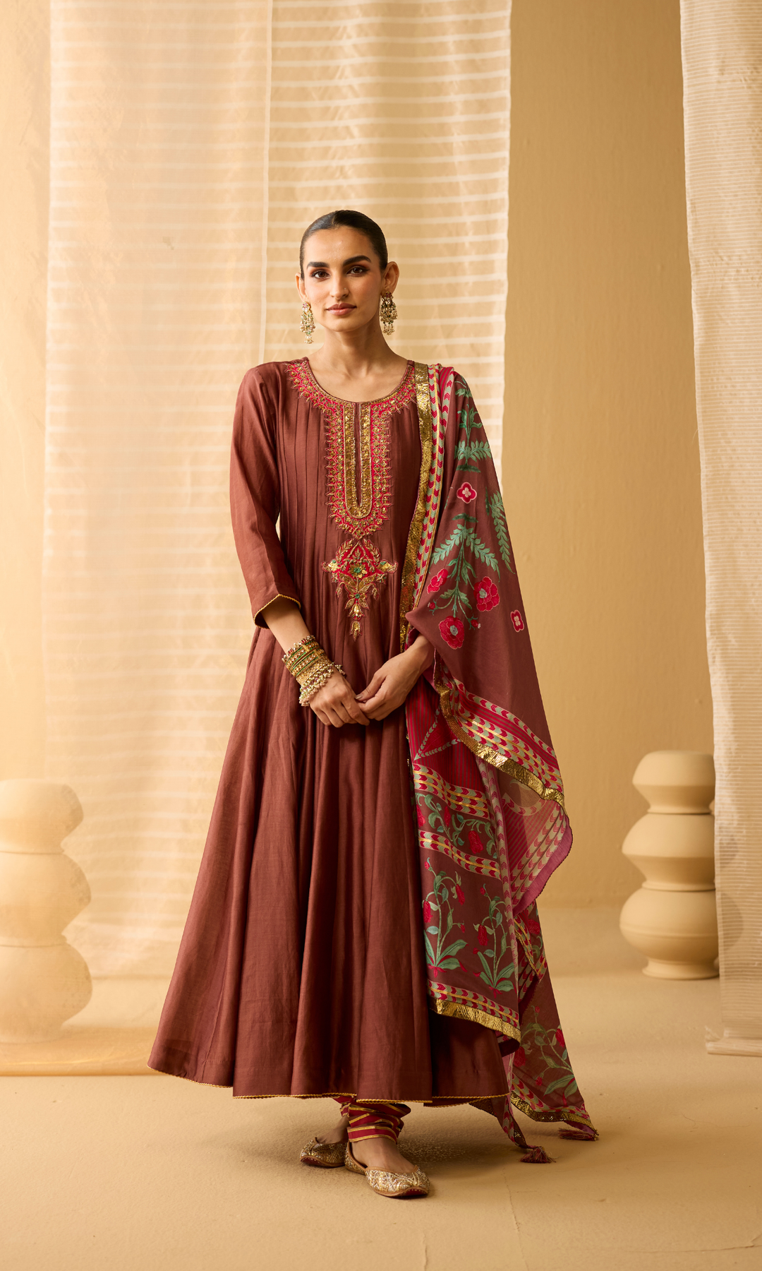 Ayla Set- Chanderi Anarkali with Gota Churidar and Dupatta (set of 3)