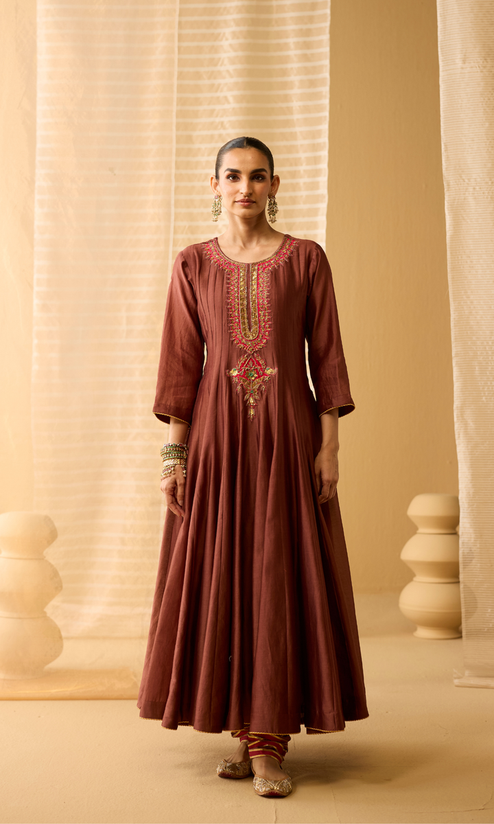 Ayla Set- Chanderi Anarkali with Gota Churidar and Dupatta (set of 3)
