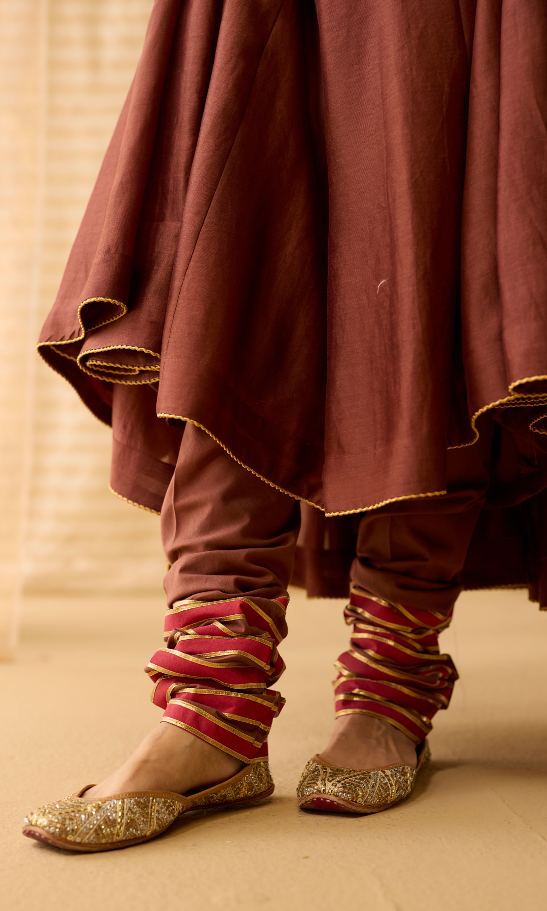Ayla Set- Chanderi Anarkali with Gota Churidar and Dupatta (set of 3)