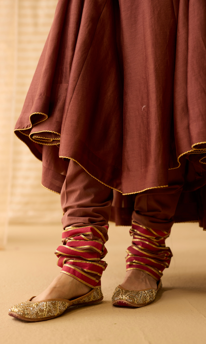 Ayla Set- Chanderi Anarkali with Gota Churidar and Dupatta (set of 3)