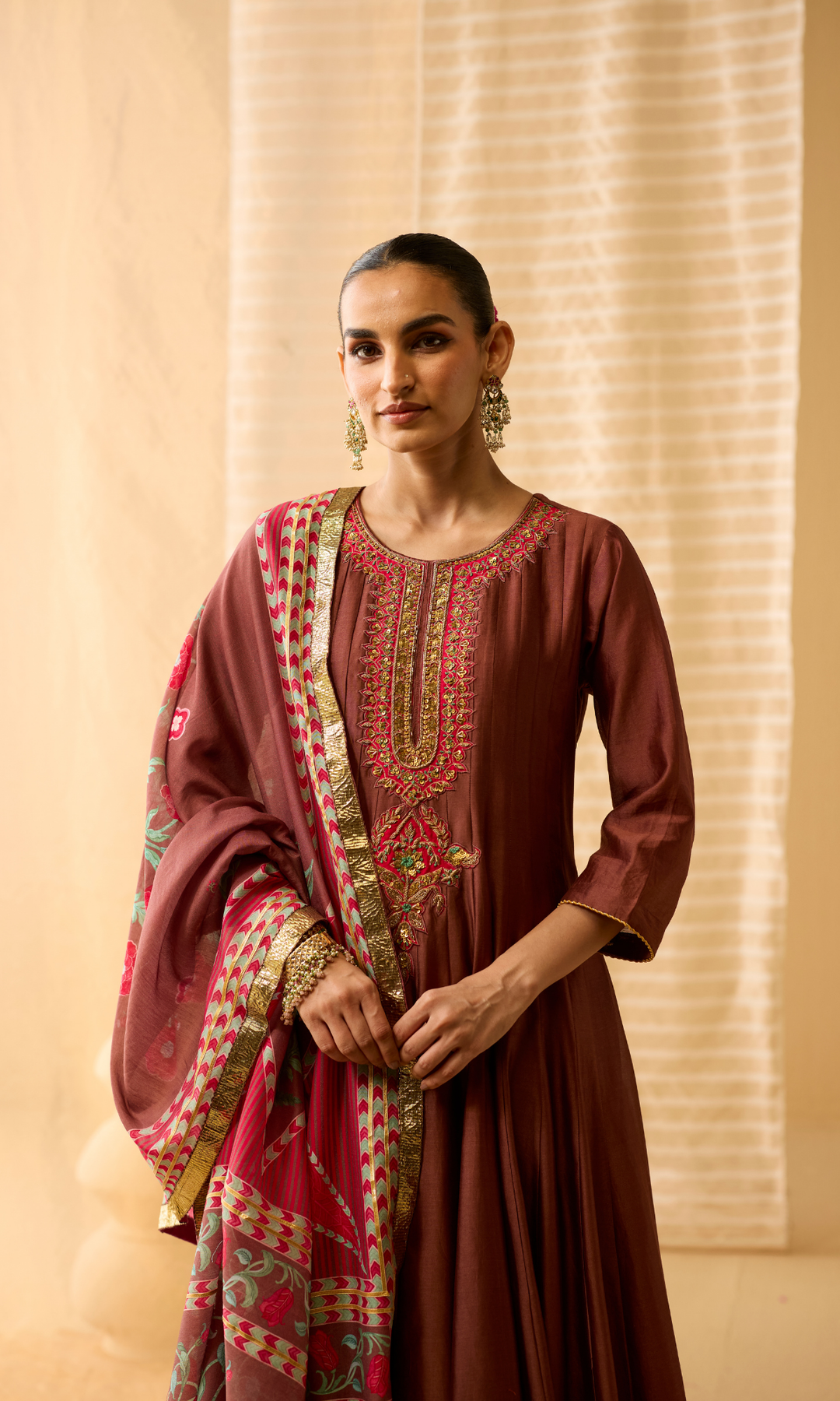 Ayla Set- Chanderi Anarkali with Gota Churidar and Dupatta (set of 3)