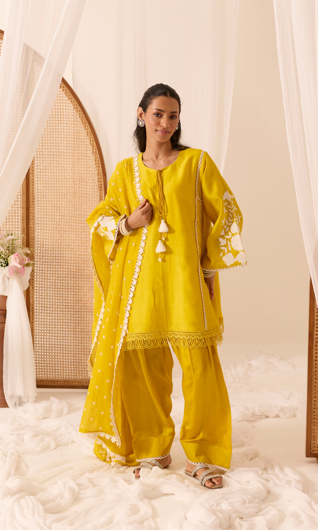 Aleena Set-Patchwork Chanderi Kurta & Farshi (set of 3)