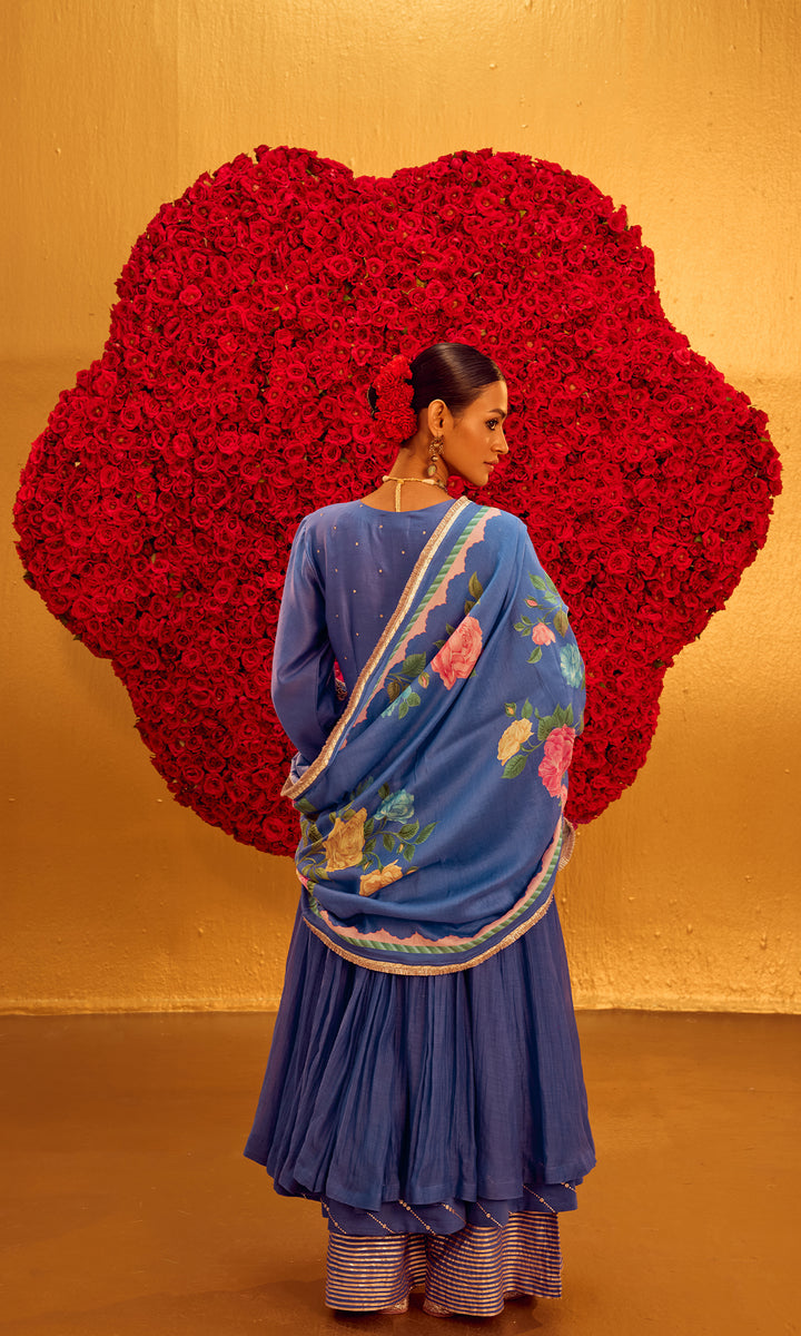 Aisha Set- Periwinkle Blue Chanderi Embroidered Anarkali with Pants and Dupatta (set of 3)