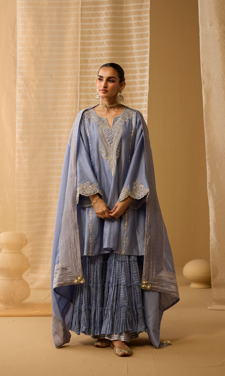 Nava Set- Nude Pink Chanderi Hand Embroidered Double Layered Sharara Set (Set of 3)