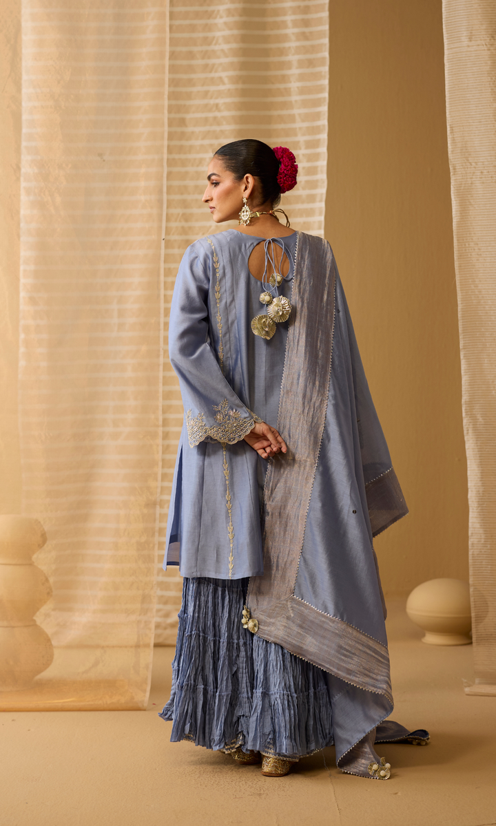 Nava Set- Nude Pink Chanderi Hand Embroidered Double Layered Sharara Set (Set of 3)