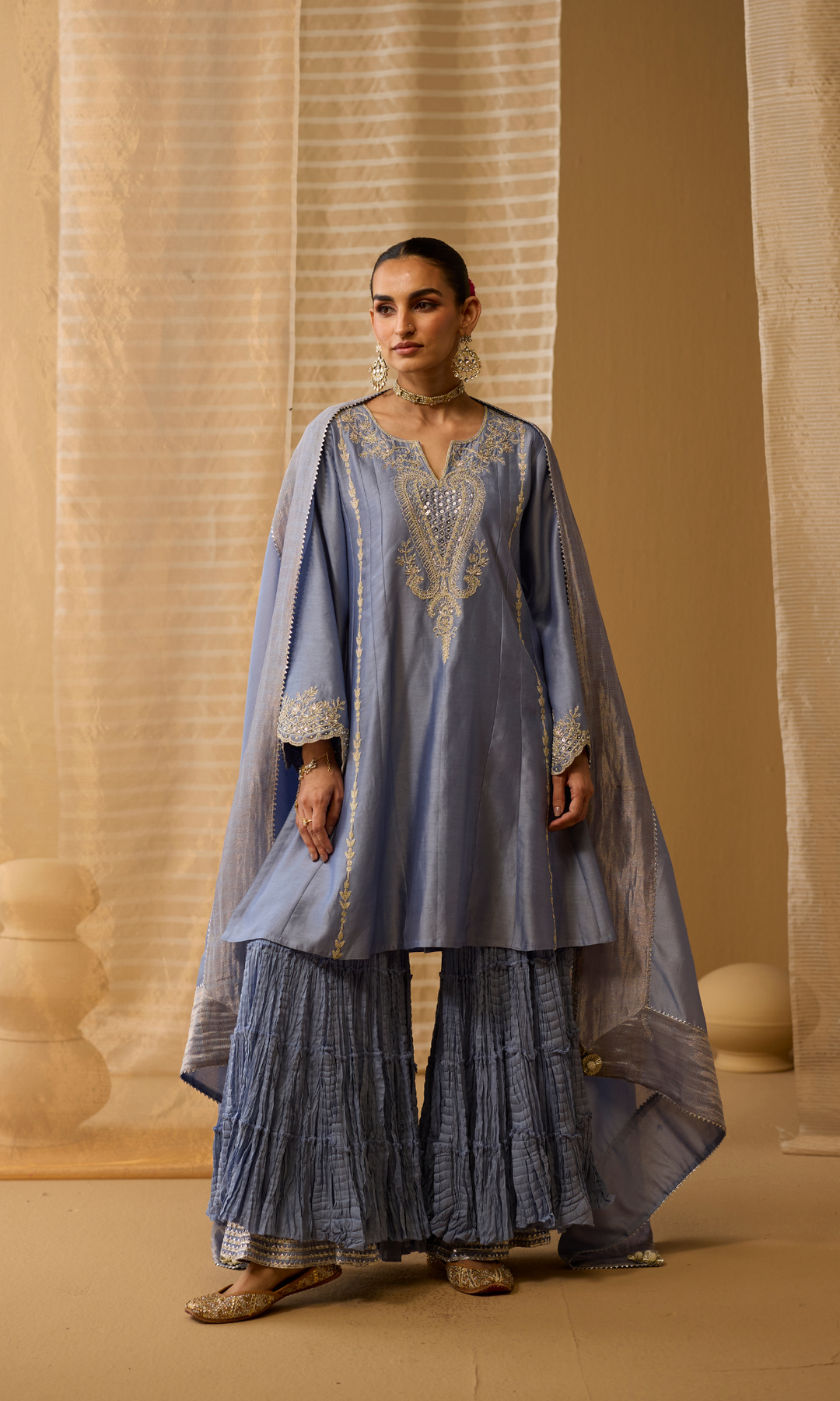Nava Set- Blue Pink Chanderi Hand Embroidered Double Layered Sharara Set (Set of 3)
