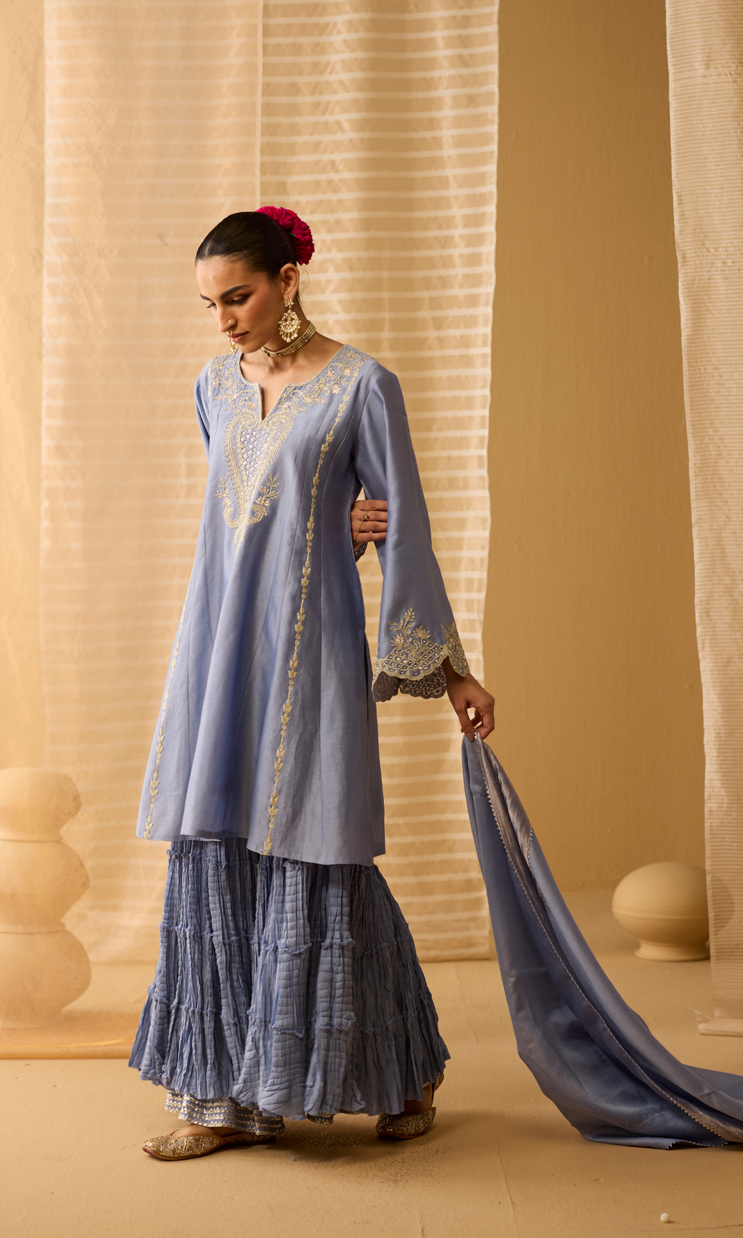 Nava Set- Blue Pink Chanderi Hand Embroidered Double Layered Sharara Set (Set of 3)