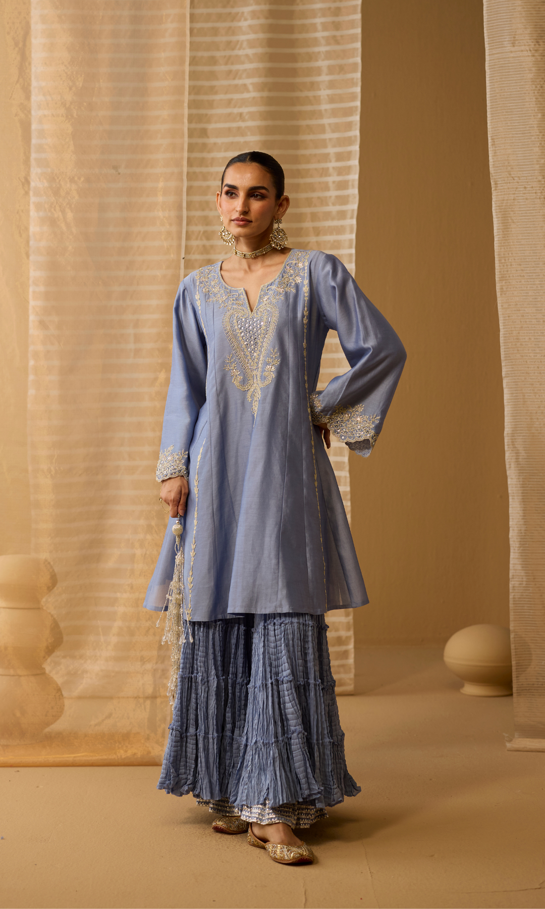 Nava Set- Blue Pink Chanderi Hand Embroidered Double Layered Sharara Set (Set of 3)