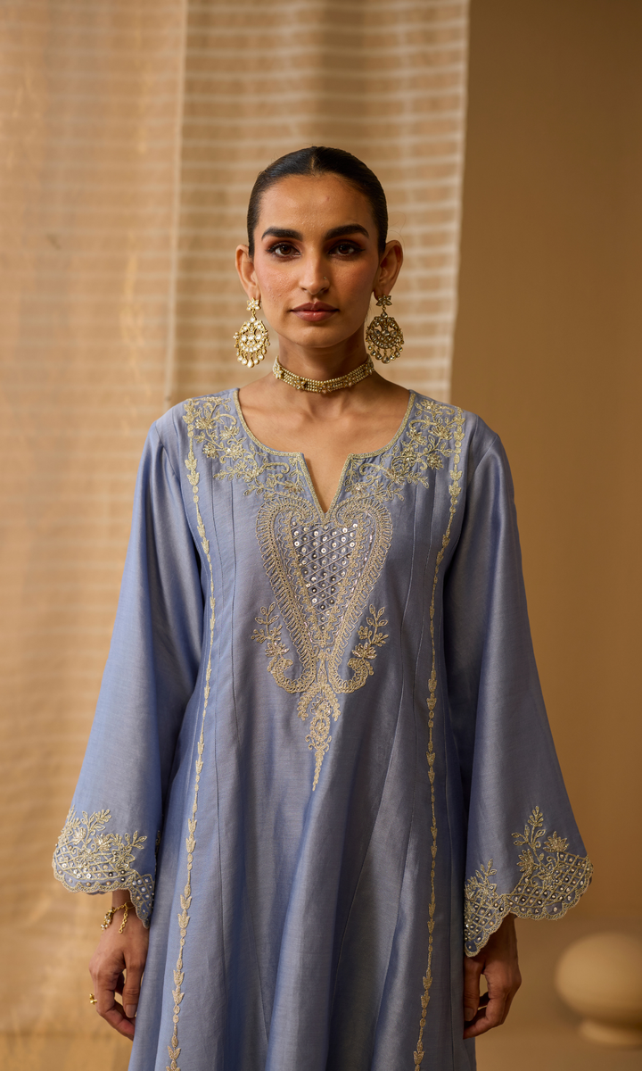Nava Set- Nude Pink Chanderi Hand Embroidered Double Layered Sharara Set (Set of 3)
