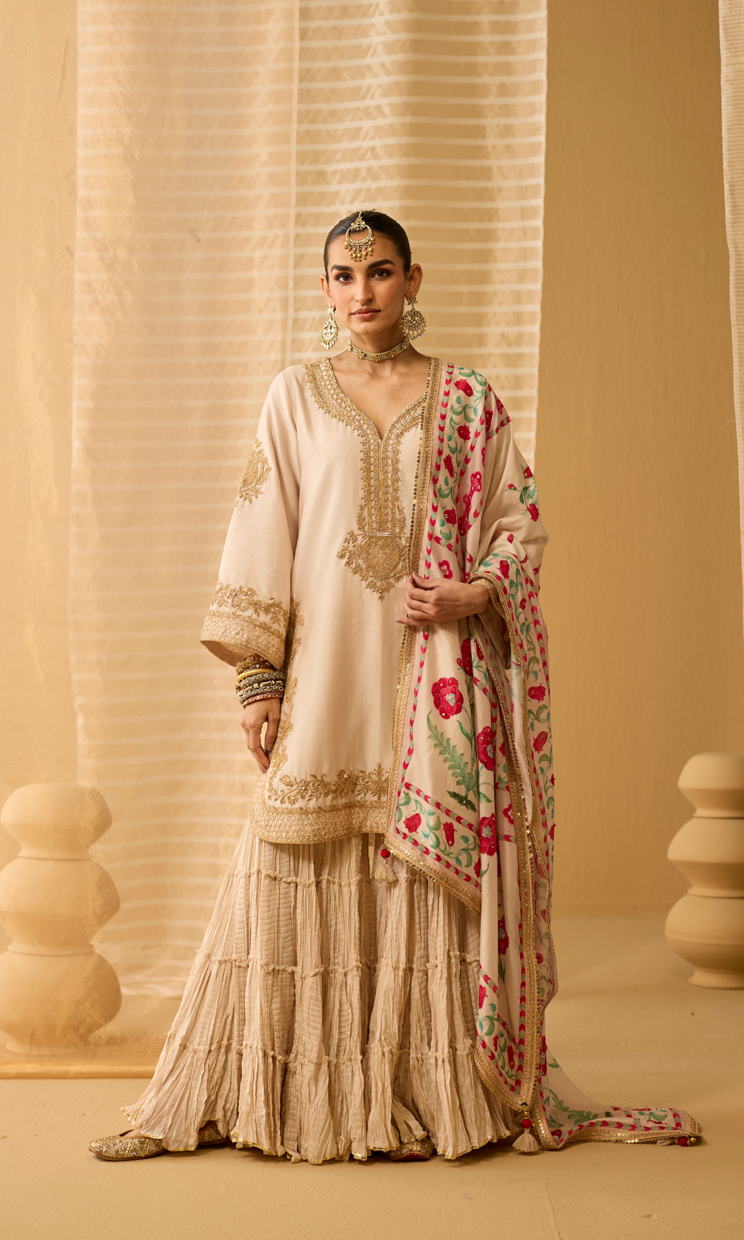 Parisa Set- Chanderi Embroidered Kurta with Sharara and Floral Dupatta (set of 3)