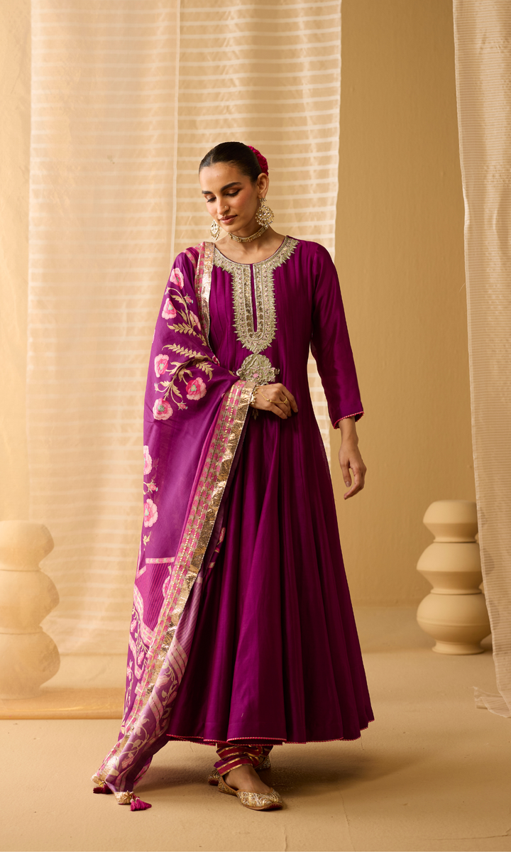 Ayla Set- Chanderi Anarkali with Gota Churidar and Dupatta (set of 3)