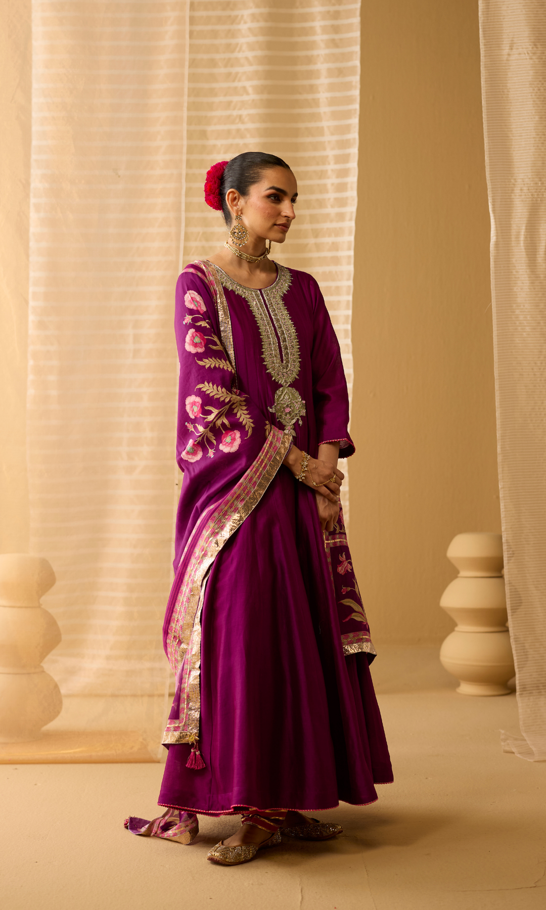 Ayla Set- Chanderi Anarkali with Gota Churidar and Dupatta (set of 3)