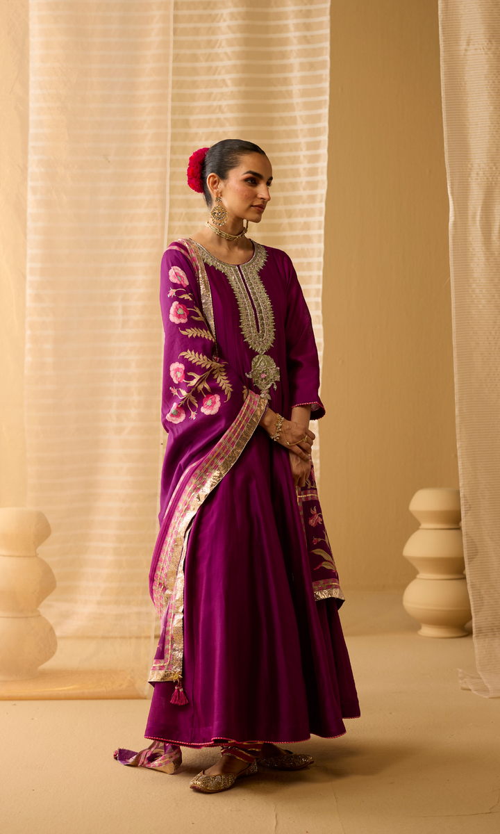 Ayla Set- Chanderi Anarkali with Gota Churidar and Dupatta (set of 3)