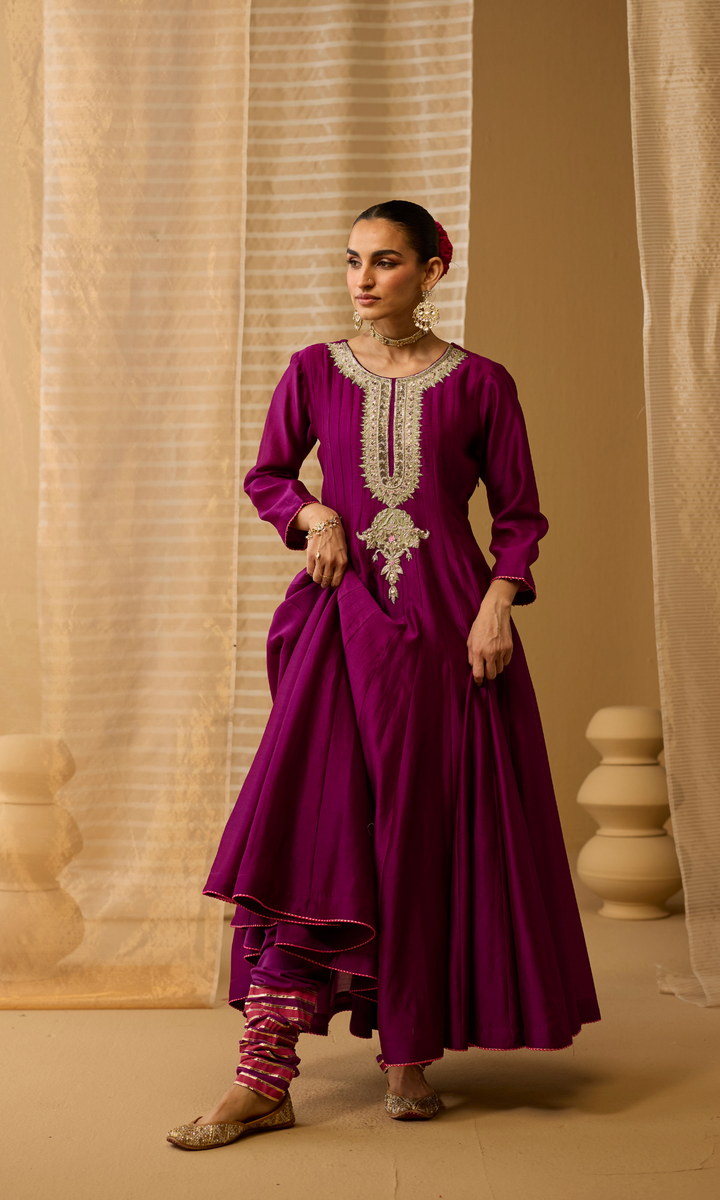 Ayla Set- Chanderi Anarkali with Gota Churidar and Dupatta (set of 3)