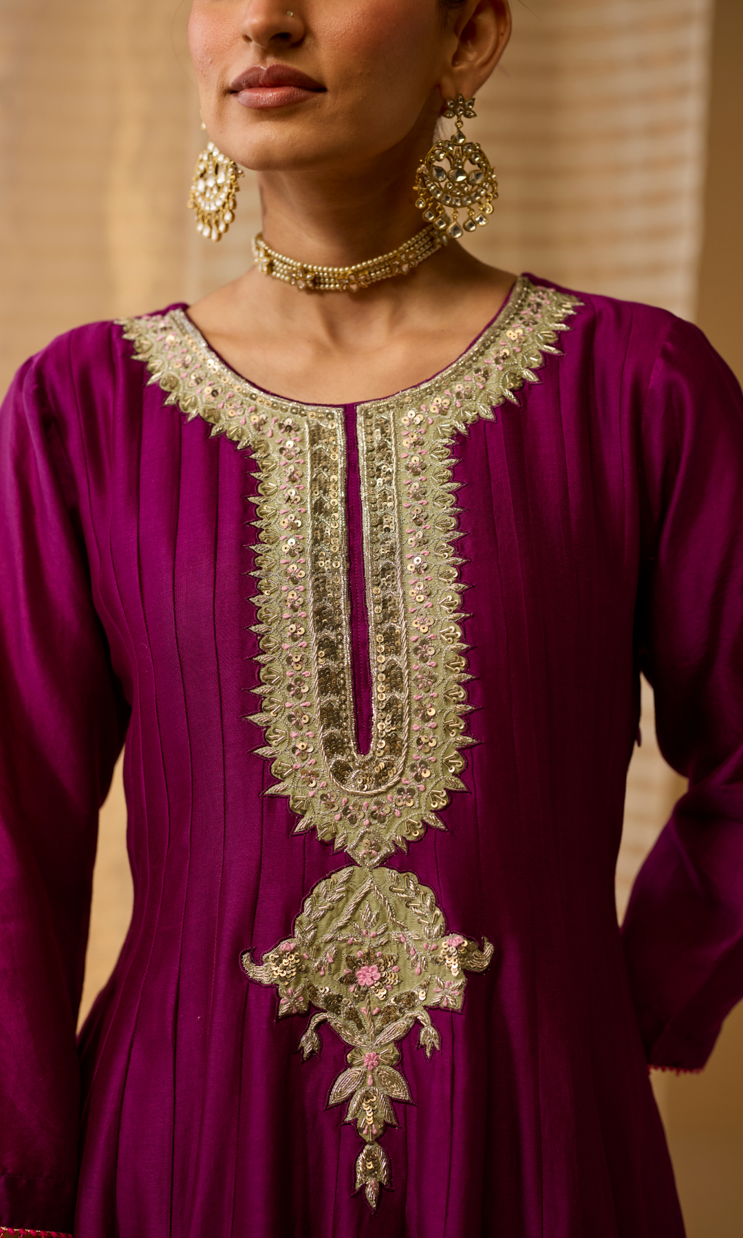 Ayla Set- Chanderi Anarkali with Gota Churidar and Dupatta (set of 3)