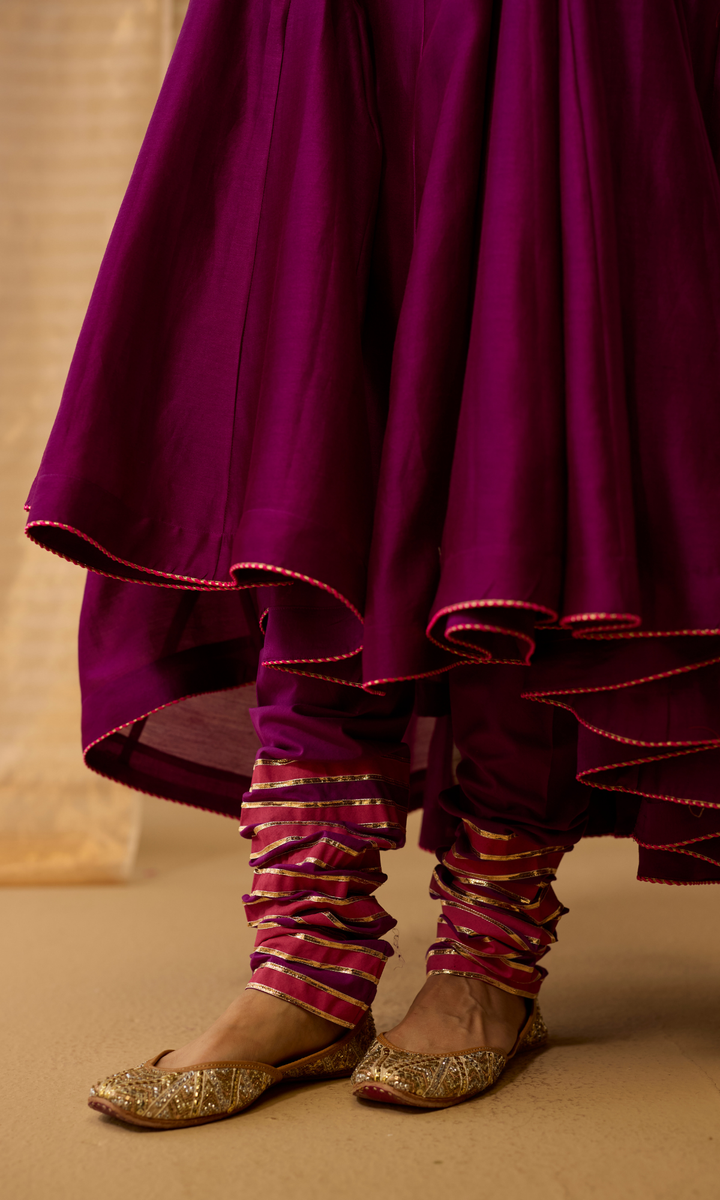 Ayla Set- Chanderi Anarkali with Gota Churidar and Dupatta (set of 3)
