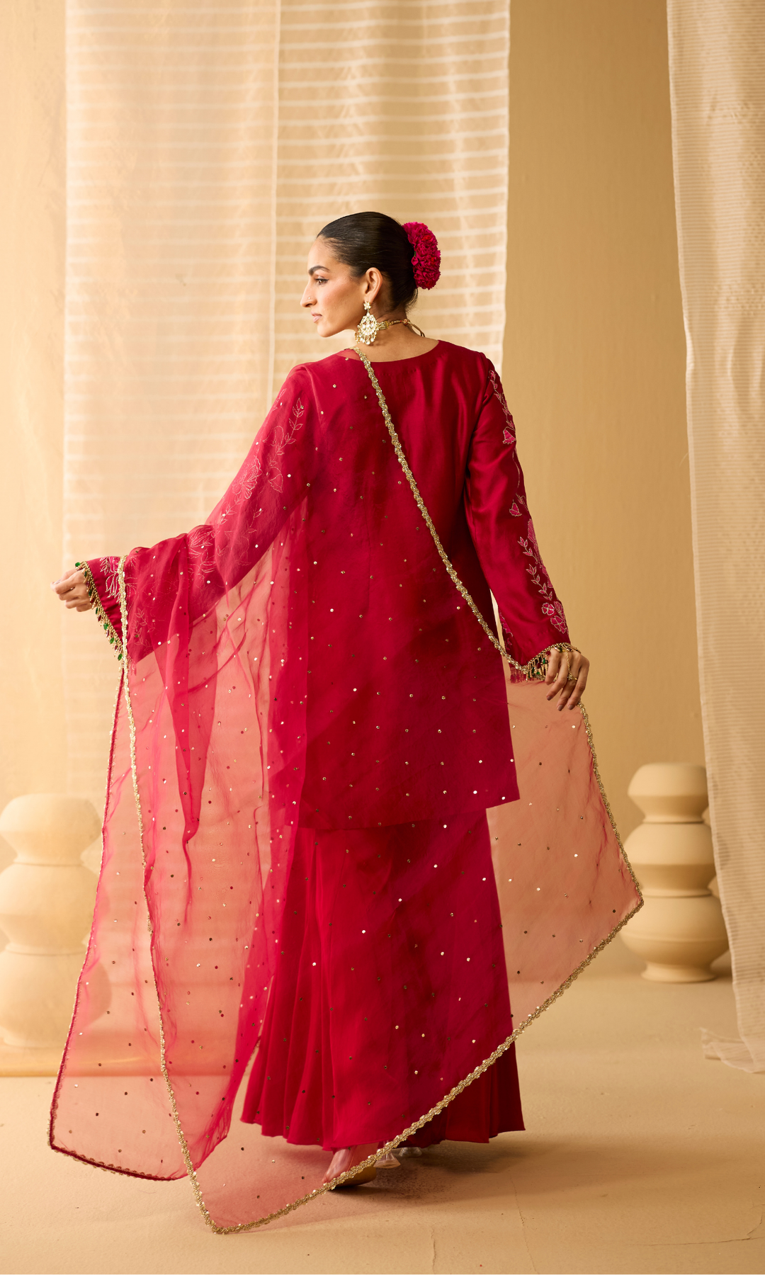 Liyana Set- Chanderi Embroidered Kurta with Satin Sharara and Mukaish Dupatta (set of 3)