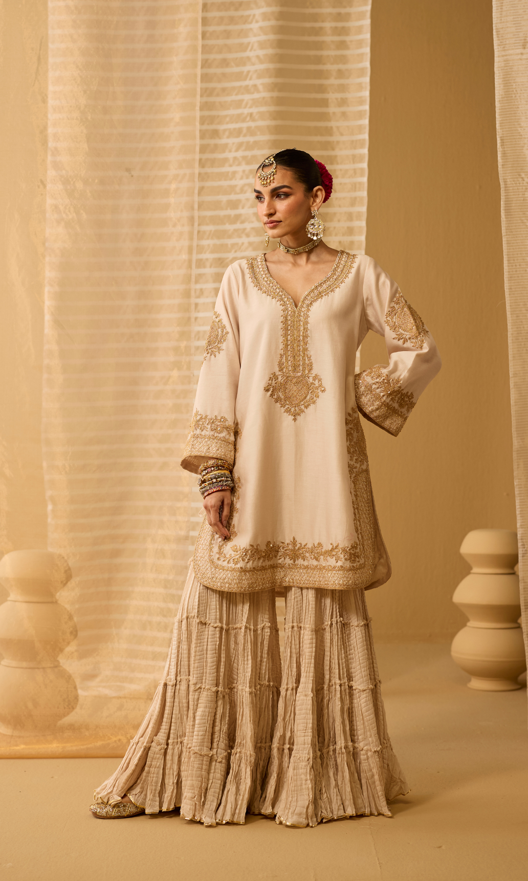 Parisa Set- Chanderi Embroidered Kurta with Sharara and Floral Dupatta (set of 3)