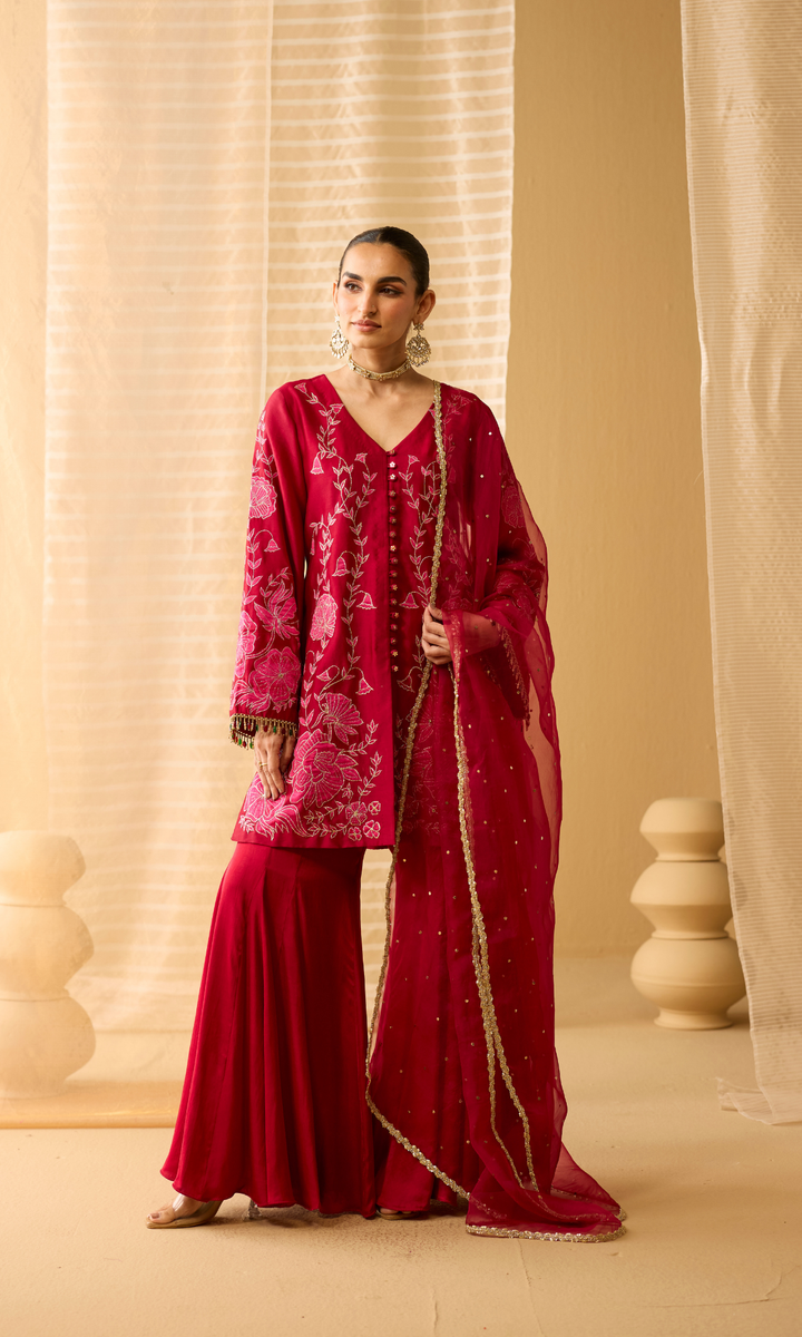Liyana Set- Chanderi Embroidered Kurta with Satin Sharara and Mukaish Dupatta (set of 3)