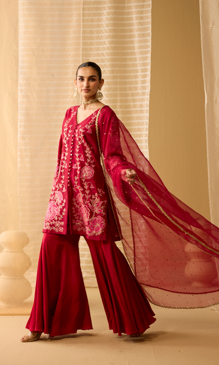 Liyana Set- Chanderi Embroidered Kurta with Satin Sharara and Mukaish Dupatta (set of 3)