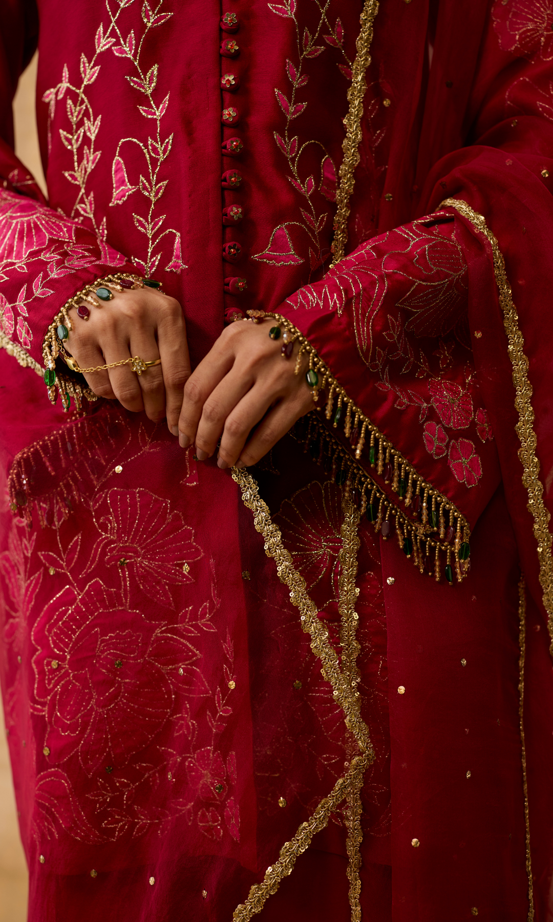Liyana Set- Chanderi Embroidered Kurta with Satin Sharara and Mukaish Dupatta (set of 3)