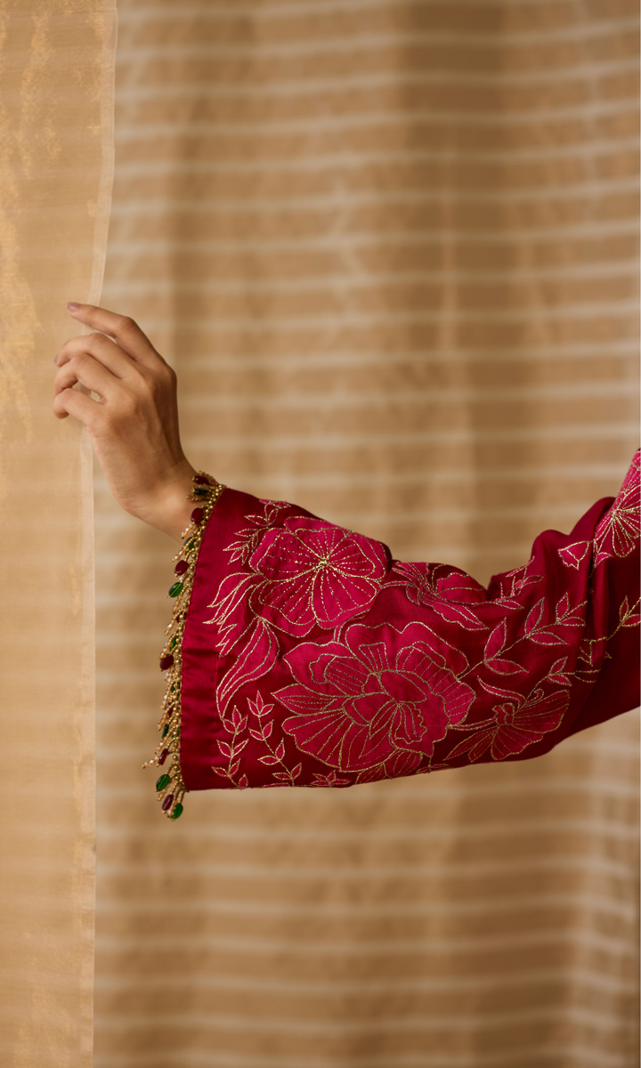 Liyana Set- Chanderi Embroidered Kurta with Satin Sharara and Mukaish Dupatta (set of 3)
