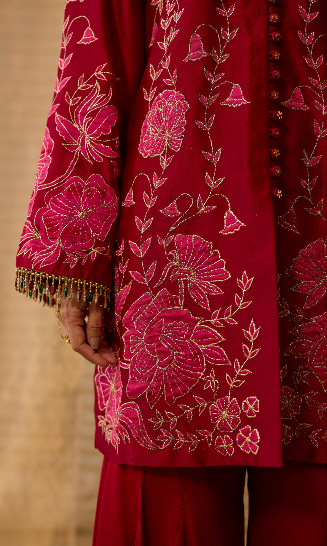 Liyana Set- Chanderi Embroidered Kurta with Satin Sharara and Mukaish Dupatta (set of 3)