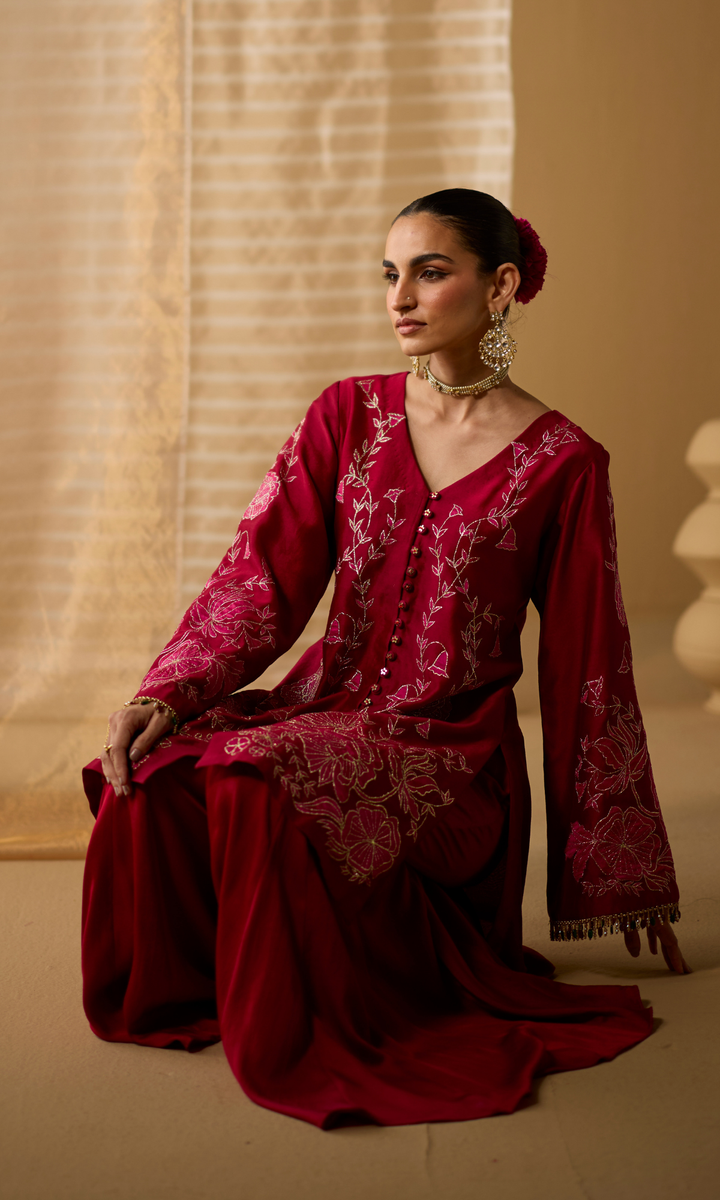 Liyana Set- Chanderi Embroidered Kurta with Satin Sharara and Mukaish Dupatta (set of 3)