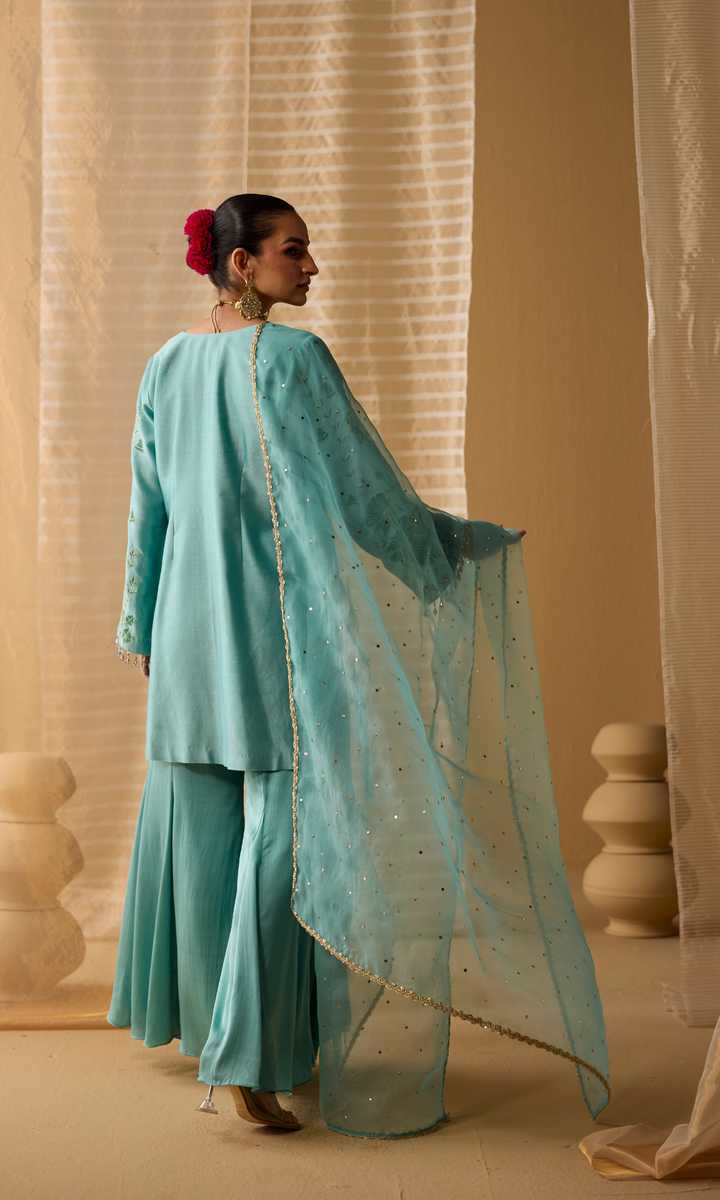 Liyana Set- Chanderi Embroidered Kurta with Satin Sharara and Mukaish Dupatta (set of 3)