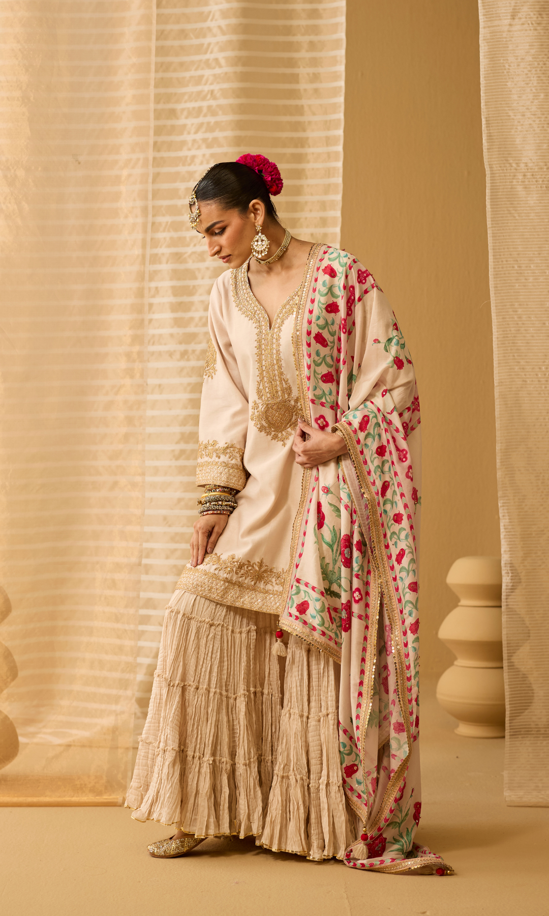Parisa Set- Chanderi Embroidered Kurta with Sharara and Floral Dupatta (set of 3)