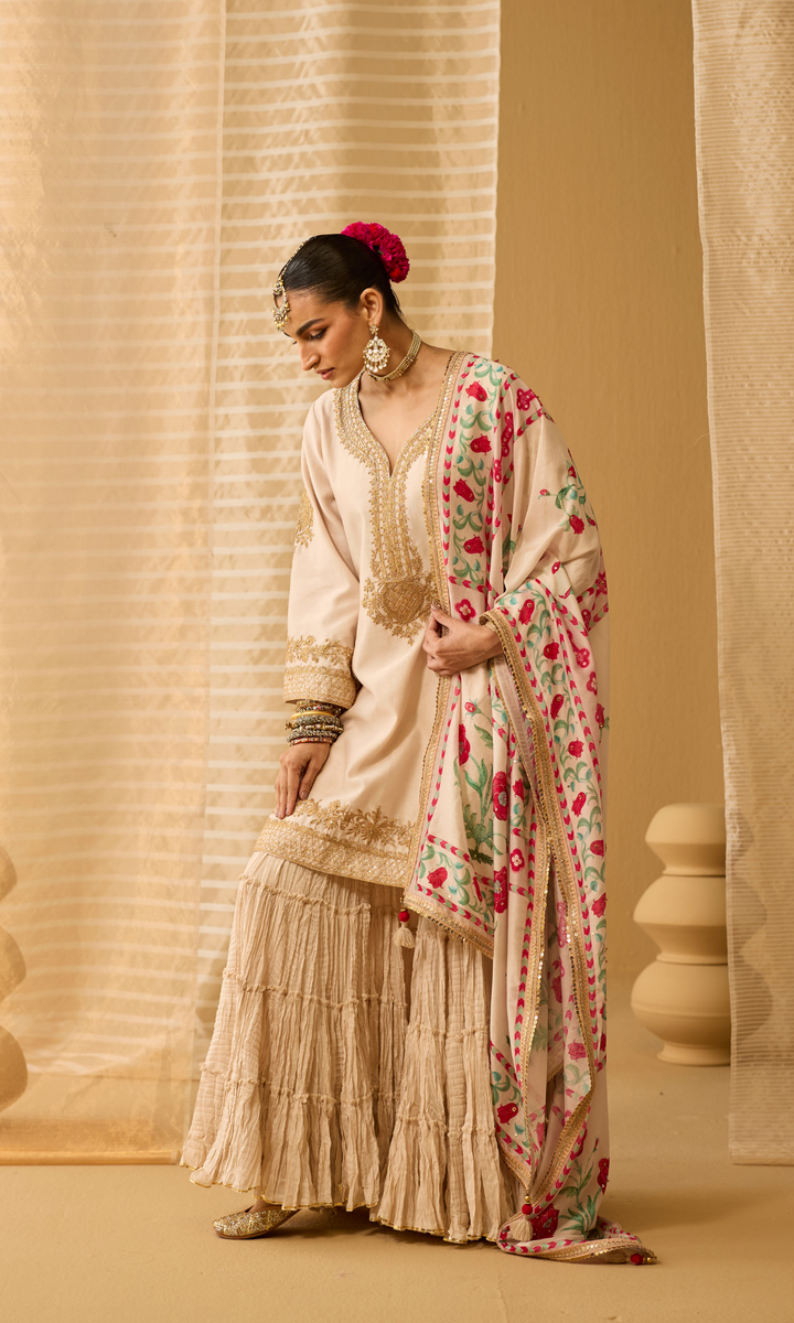 Parisa Set- Chanderi Embroidered Kurta with Sharara and Floral Dupatta (set of 3)