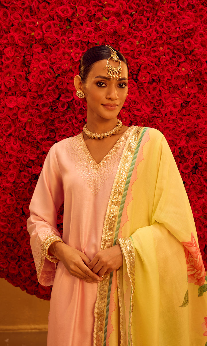 Safina Set- Pastel Pink & lemon Chanderi Embroidered Double Layered Sharara Set (Set of 3)