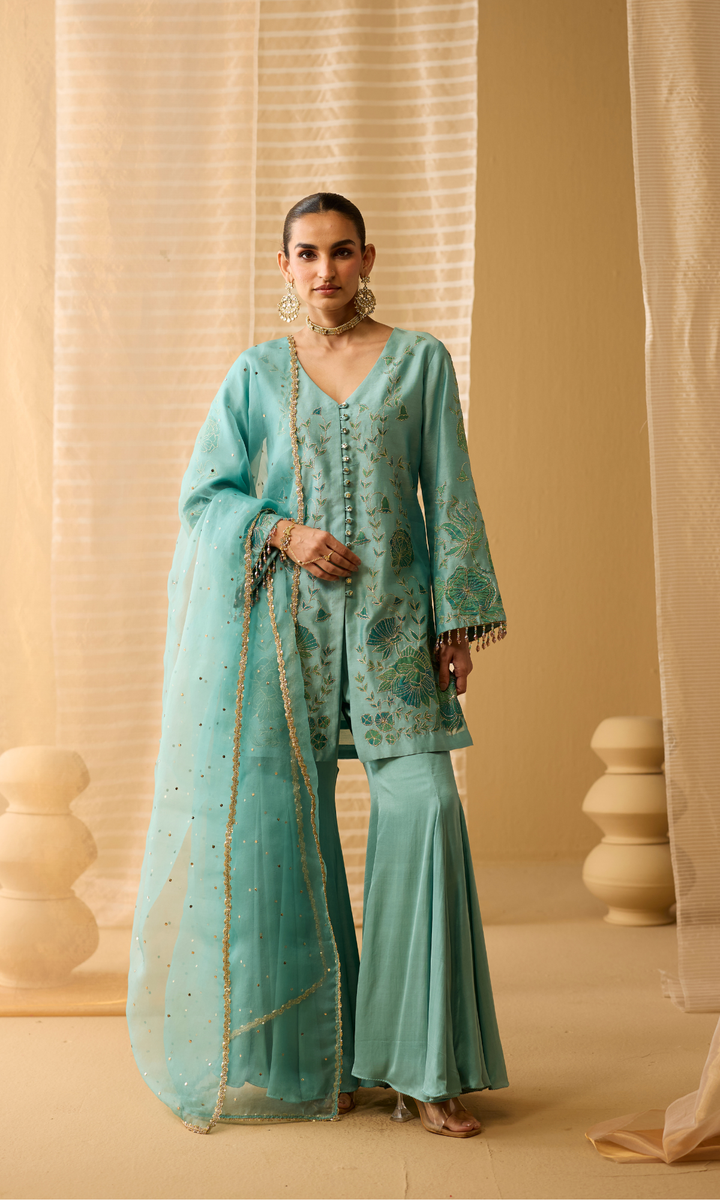 Liyana Set- Chanderi Embroidered Kurta with Satin Sharara and Mukaish Dupatta (set of 3)